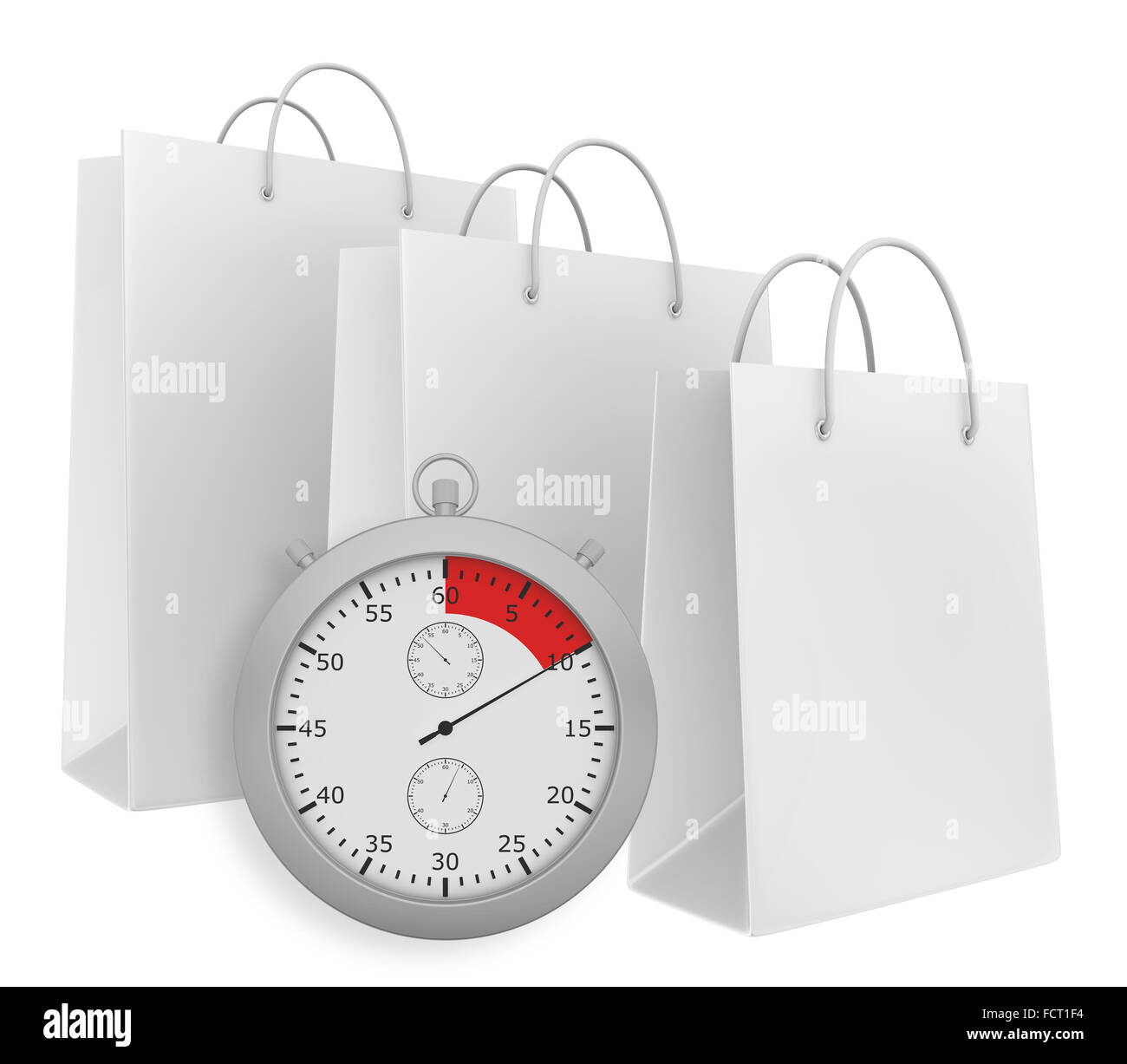 Cronometro con tre sacchetti di carta isolato su sfondo bianco Foto Stock
