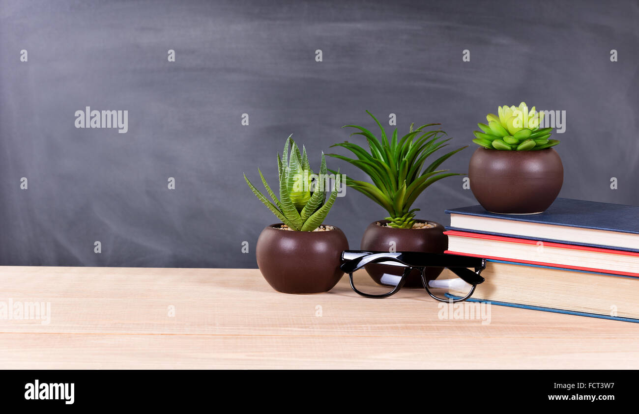 Desktop in aula visualizzando i libri di testo, piante, gli occhiali da lettura con lavagna vuota in background. Foto Stock