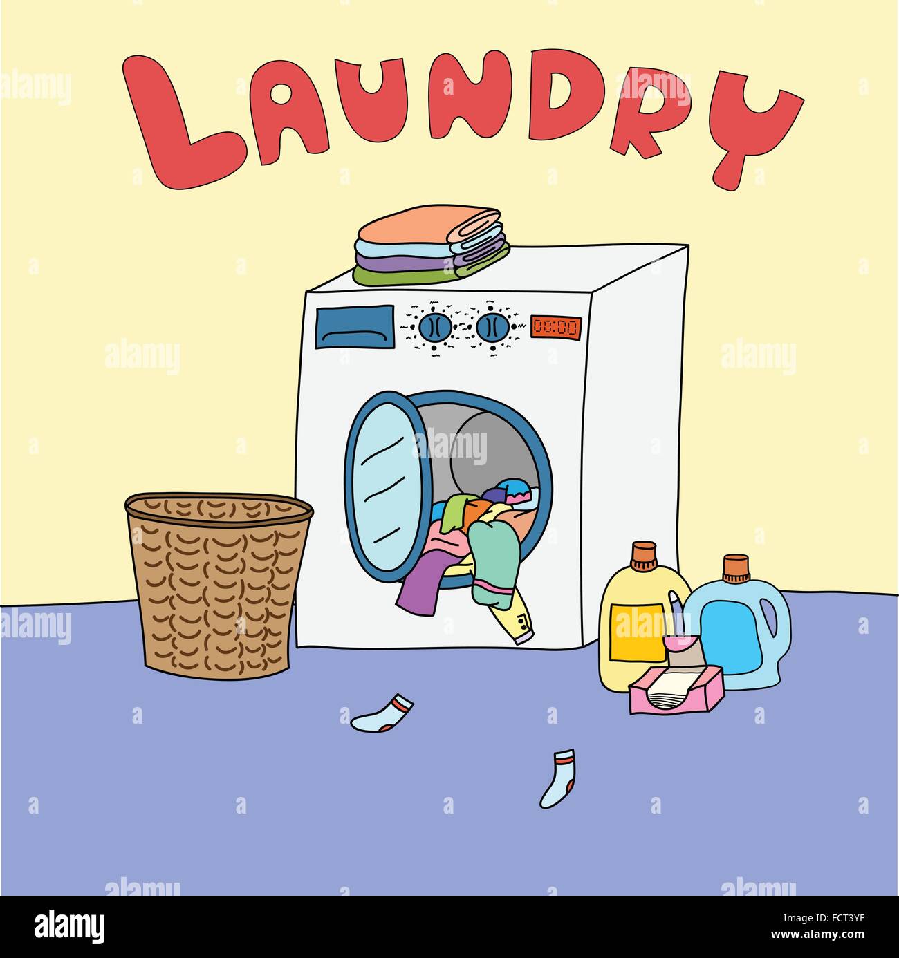 Una sala lavanderia è una camera per la pulizia di indumenti sporchi. Illustrazione Vettoriale