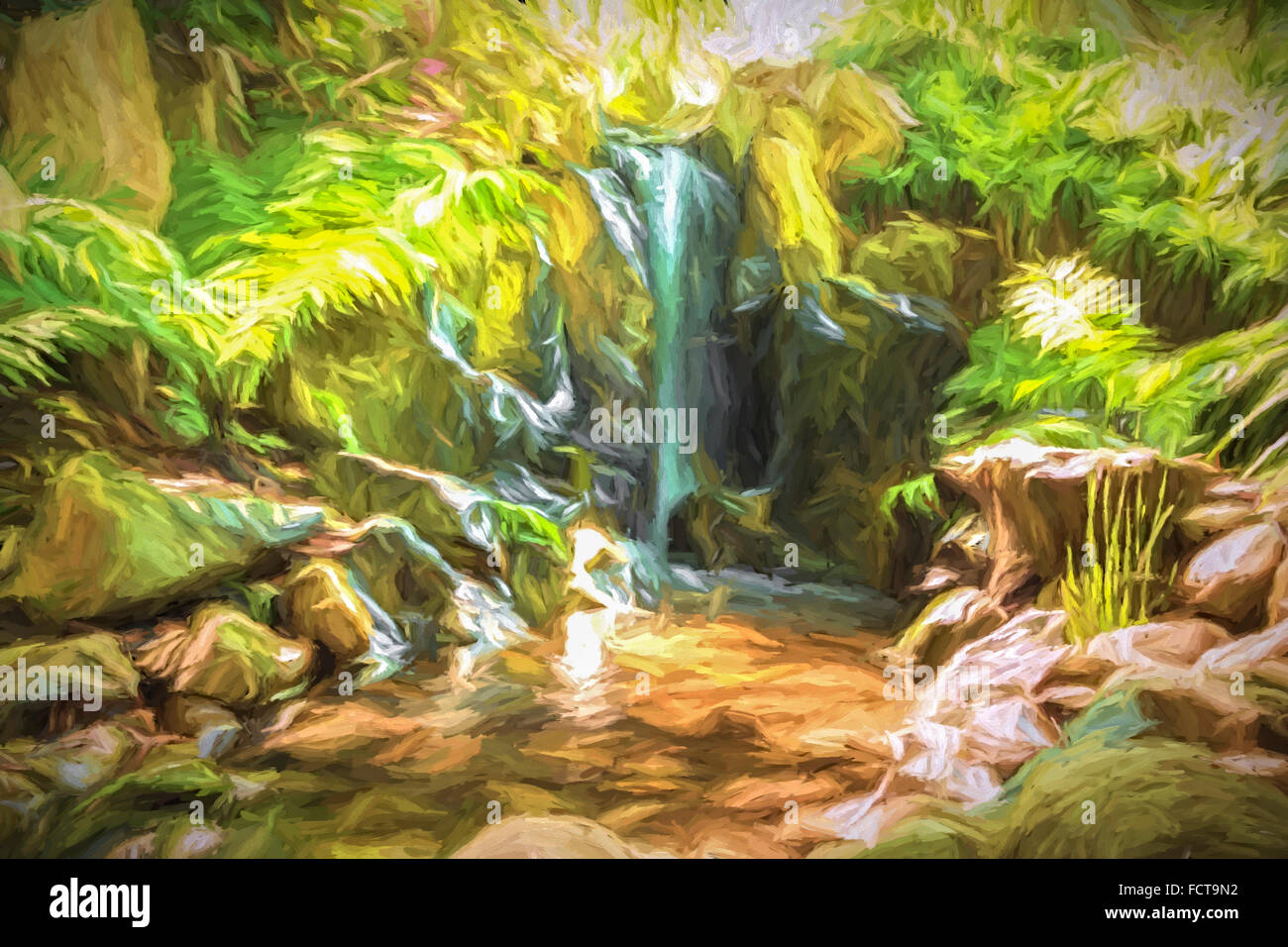 Pittura di olio di una piccola cascata nella giungla, un luogo magico. Create manualmente utilizzando varie tecniche digitali. Foto Stock