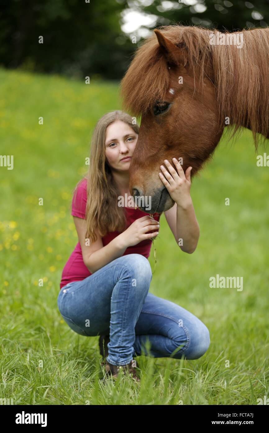 Donna e cavallo islandese Foto Stock