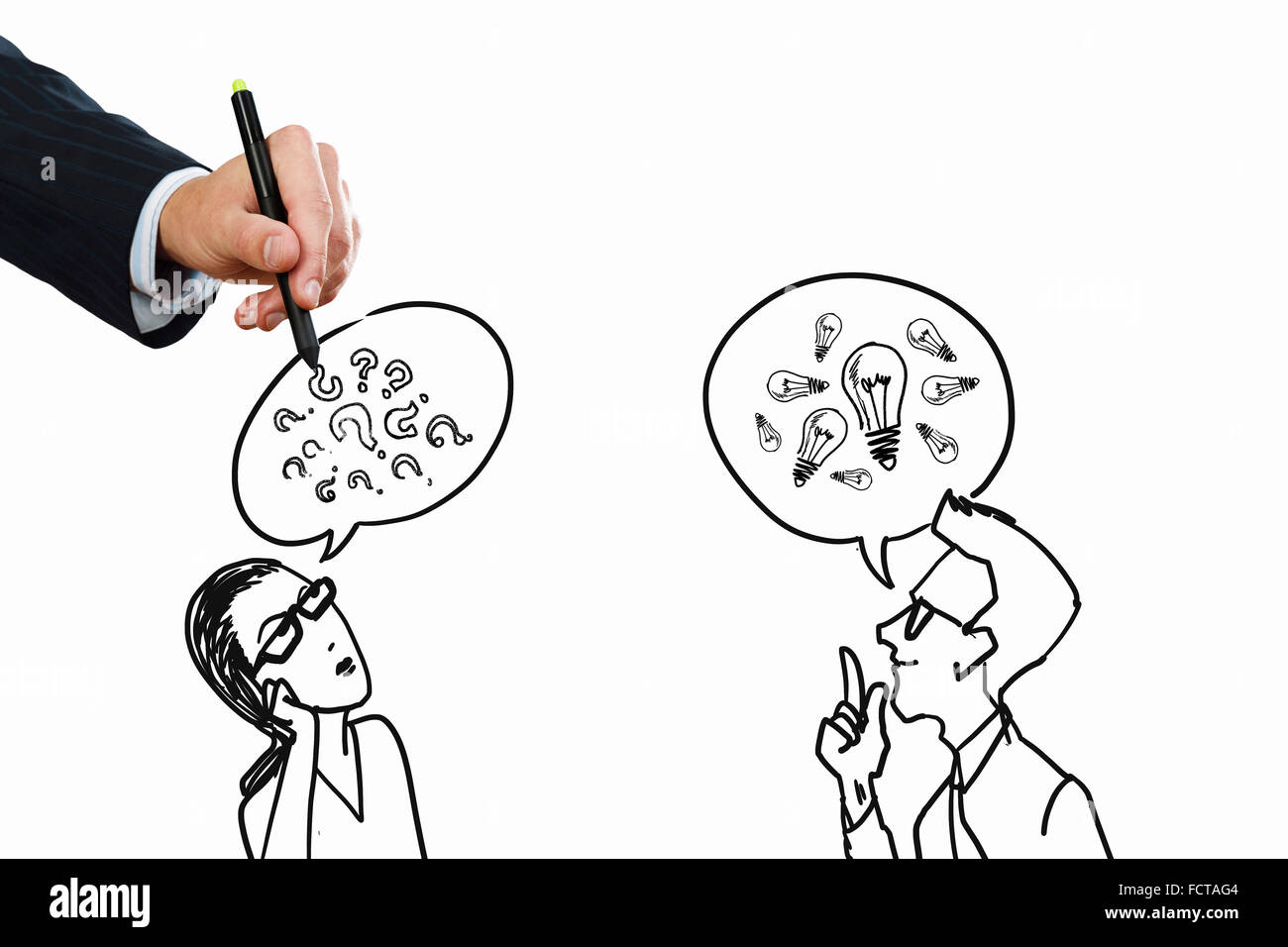 Chiusura del disegno a mano il dialogo tra due su sfondo bianco Foto Stock