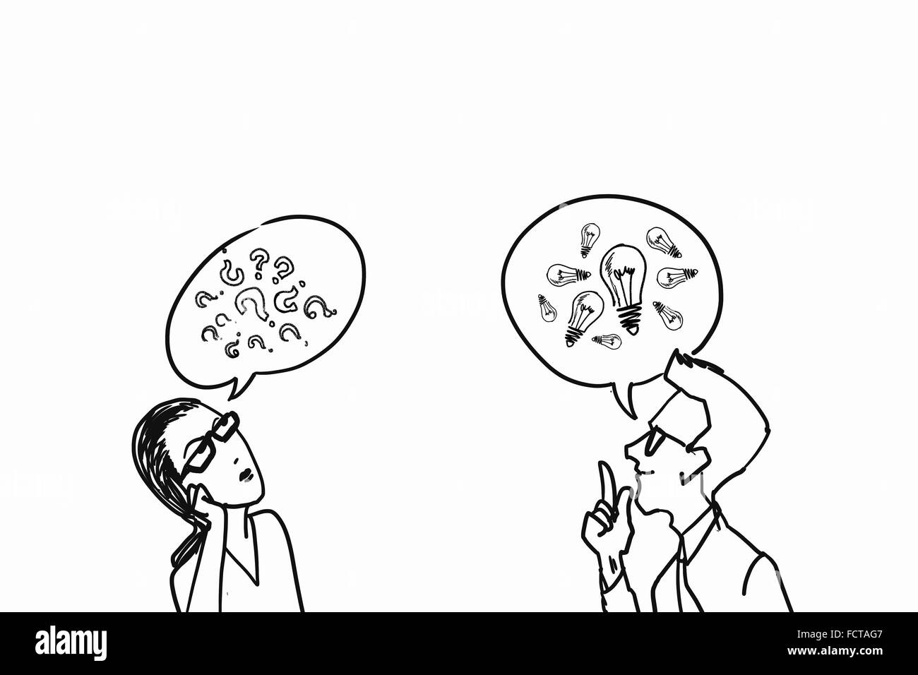 Chiusura del disegno a mano il dialogo tra due su sfondo bianco Foto Stock