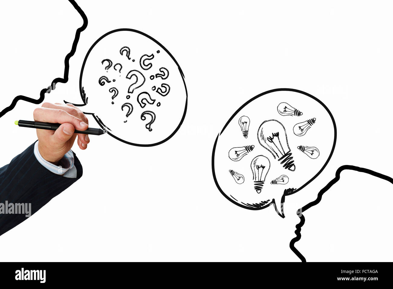 Chiusura del disegno a mano il dialogo tra due su sfondo bianco Foto Stock