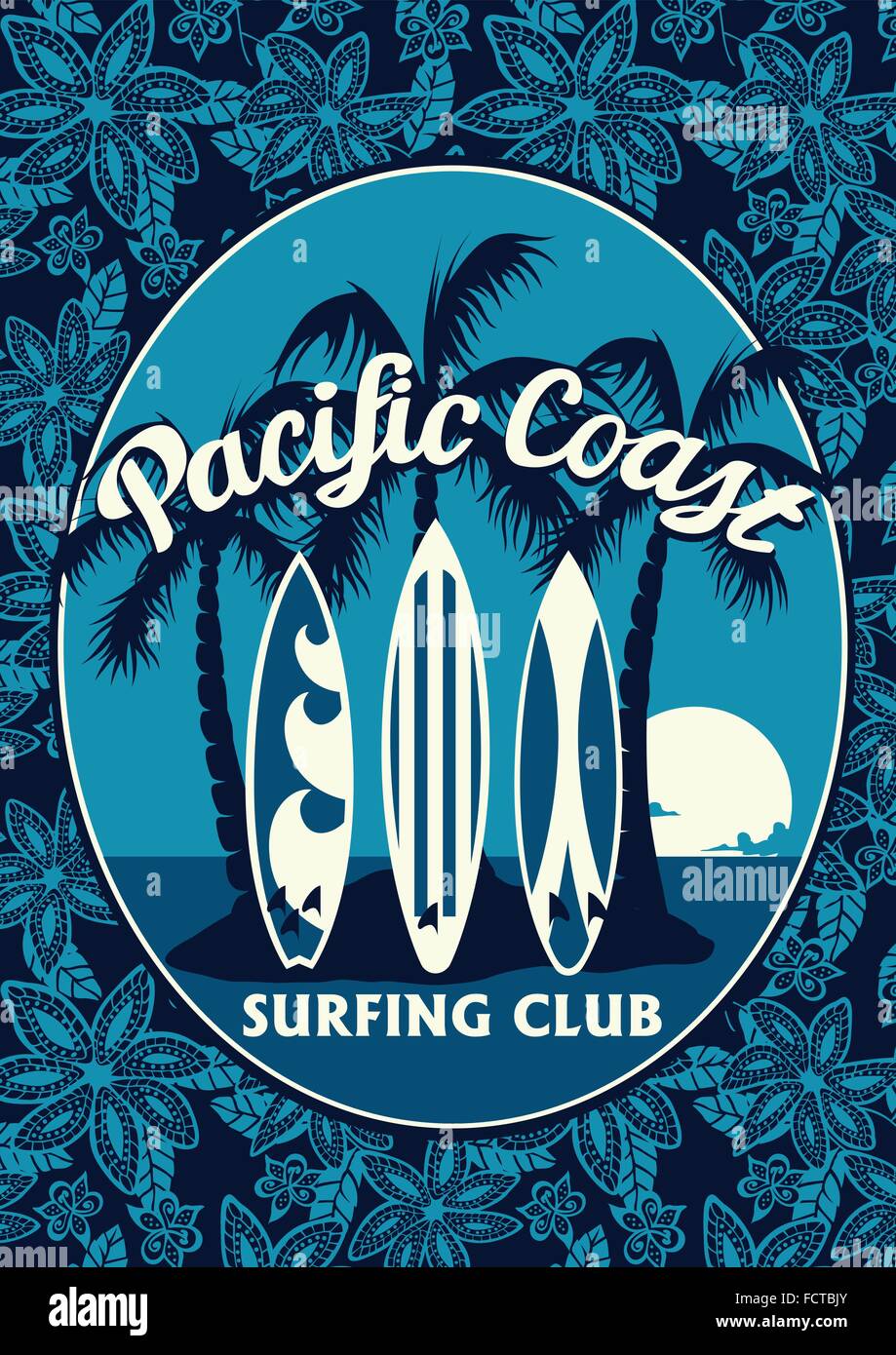 Tropical surf club poster con palme e tavole da surf . Illustrazione Vettoriale