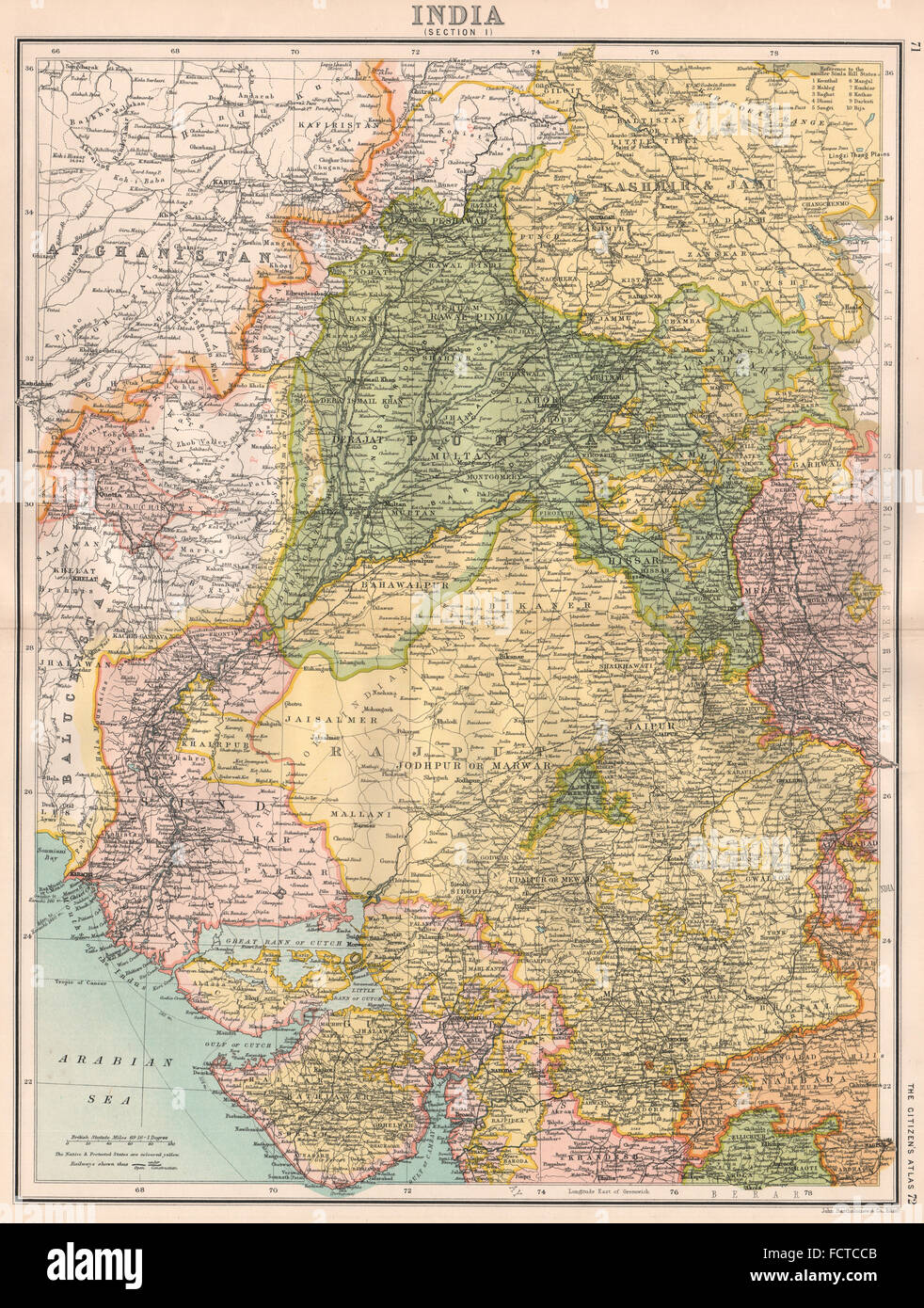 INDIA britannica a nord ovest: Rajputana Gujarat Punjab. Bartolomeo, 1898 mappa vecchia Foto Stock