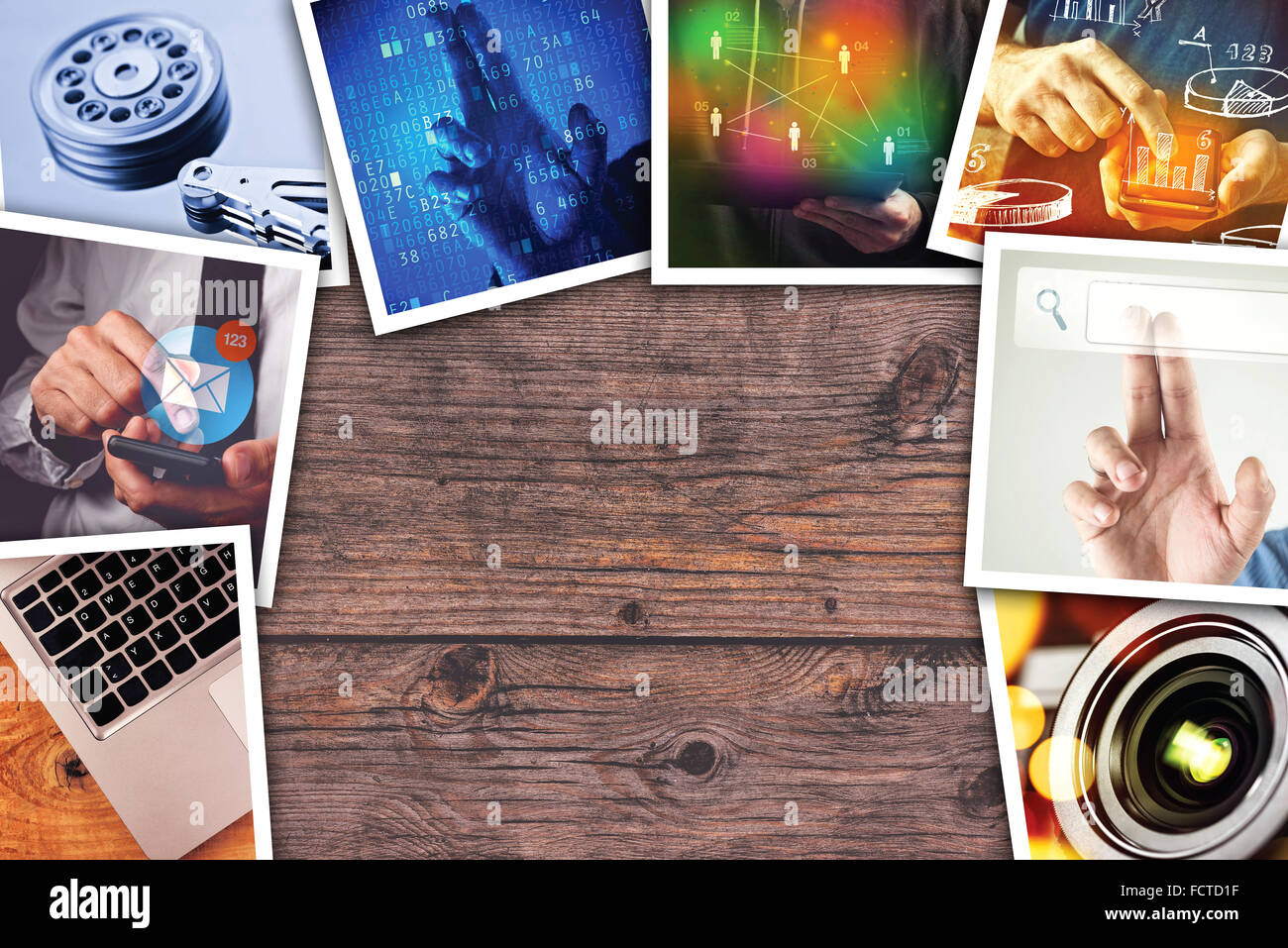 La moderna tecnologia informatica photo collage, stack di tecnologia e internet foto a tema su legno scrivania da ufficio con copia sp Foto Stock