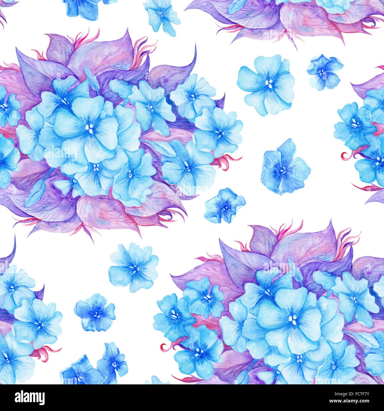Seamless blu e viola hydrangea texture su sfondo bianco per lo sfondo e il design tessile Foto Stock