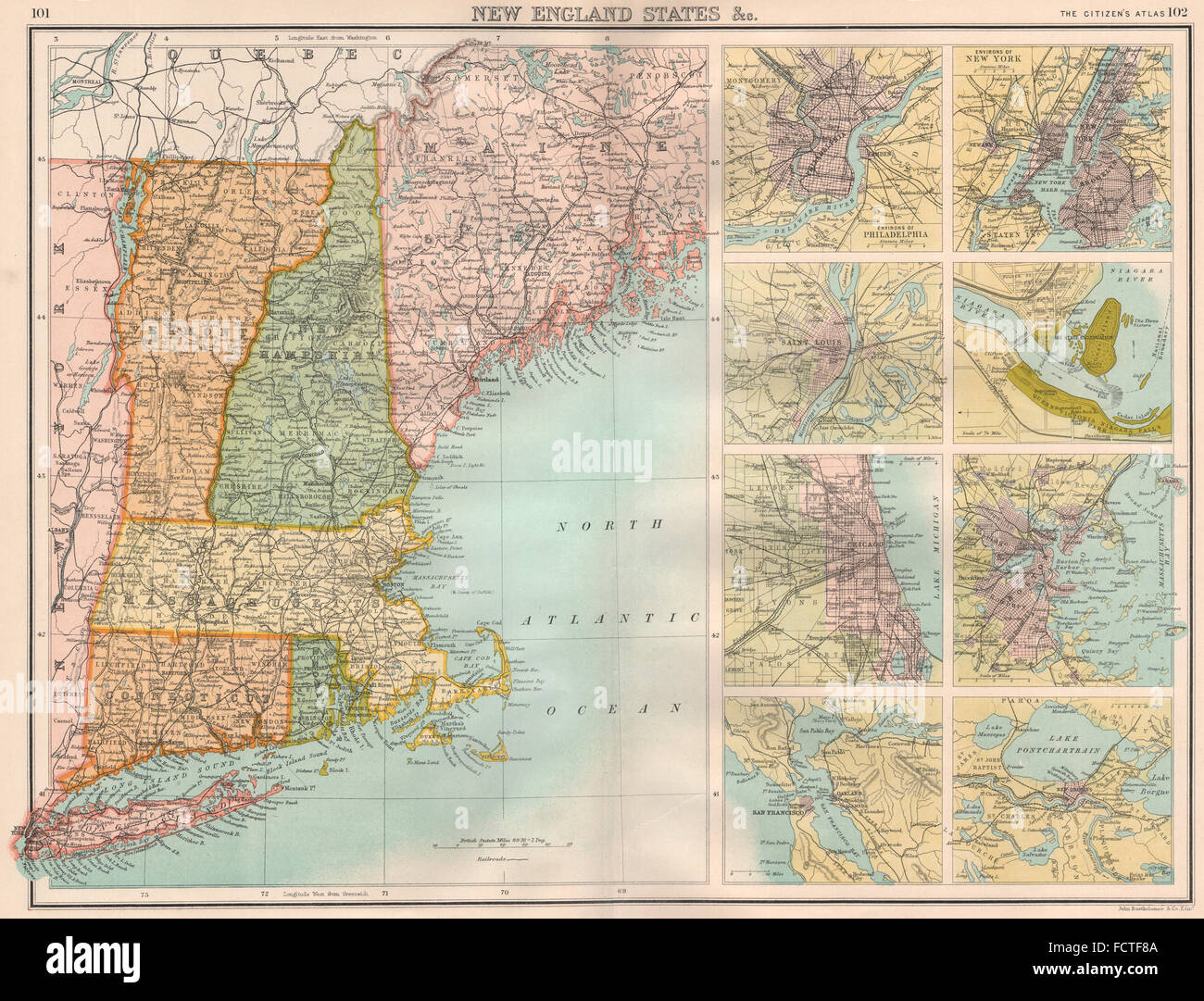 La Nuova Inghilterra/città statunitensi: ME VT MA RI CT. Philly SF NYC StL Chicago Boston 1898 mappa Foto Stock