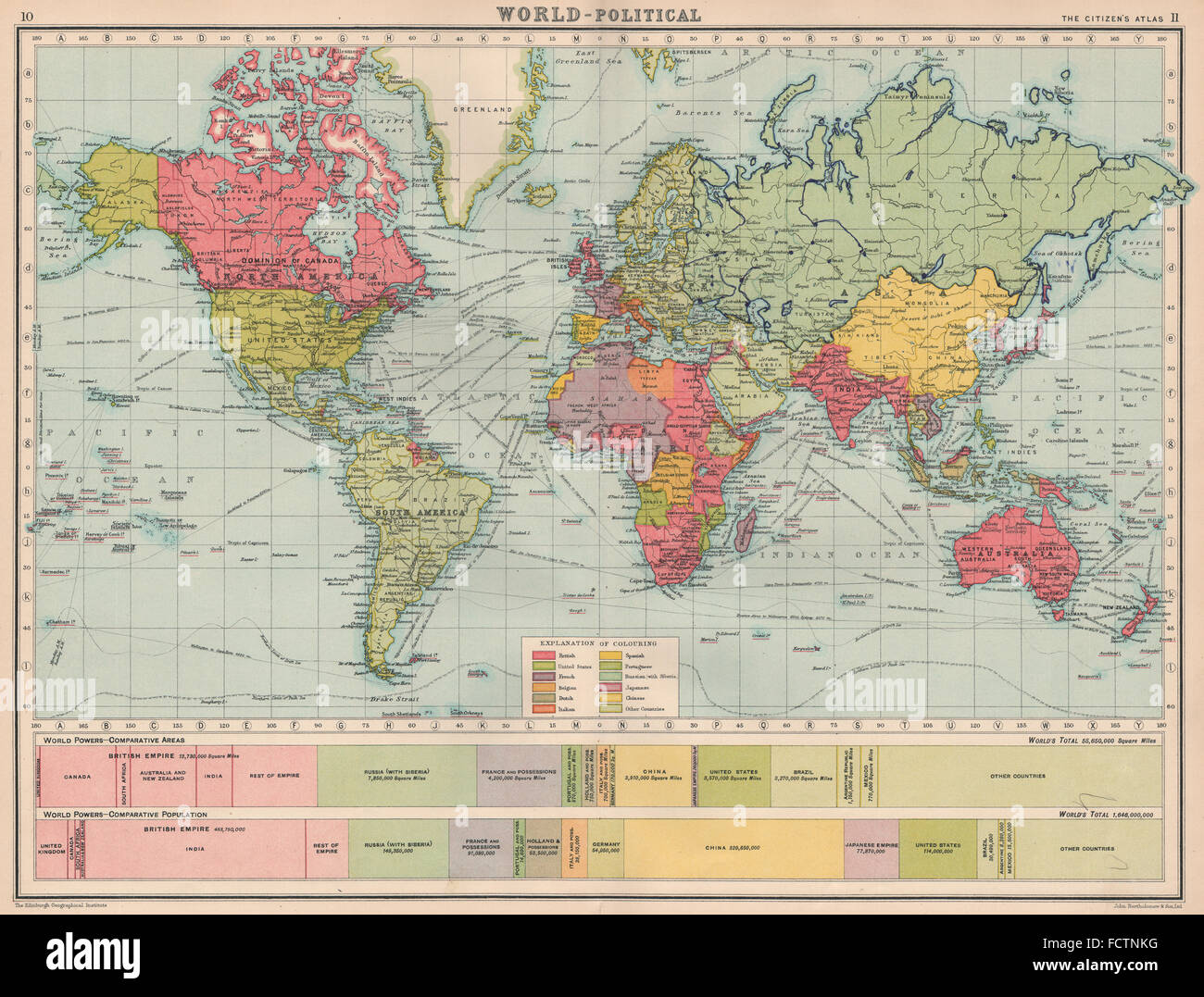 Mondo politico-:Popolazione e aree di grandi potenze rispetto.Bartolomeo 1924 mappa Foto Stock