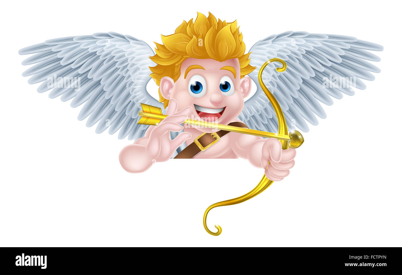 Cartoon il giorno di san valentino cupido angelo alato di carattere mirando il suo golden bow e cuore freccia e oltre il segno Foto Stock