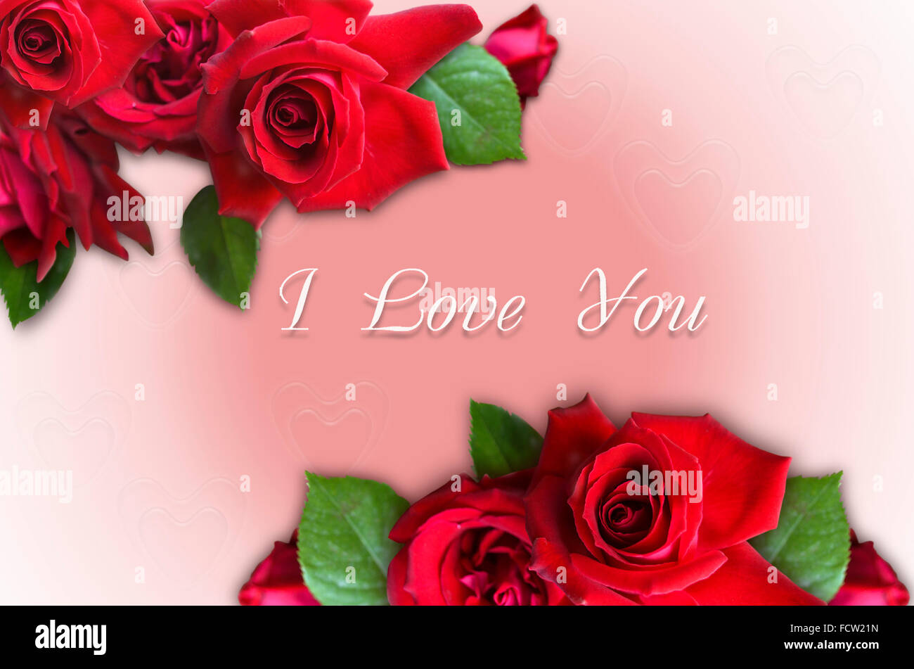 Mazzo di rose con Ti Amo su un gradiente di colore rosa con sfondo trasparente di cuori Foto Stock