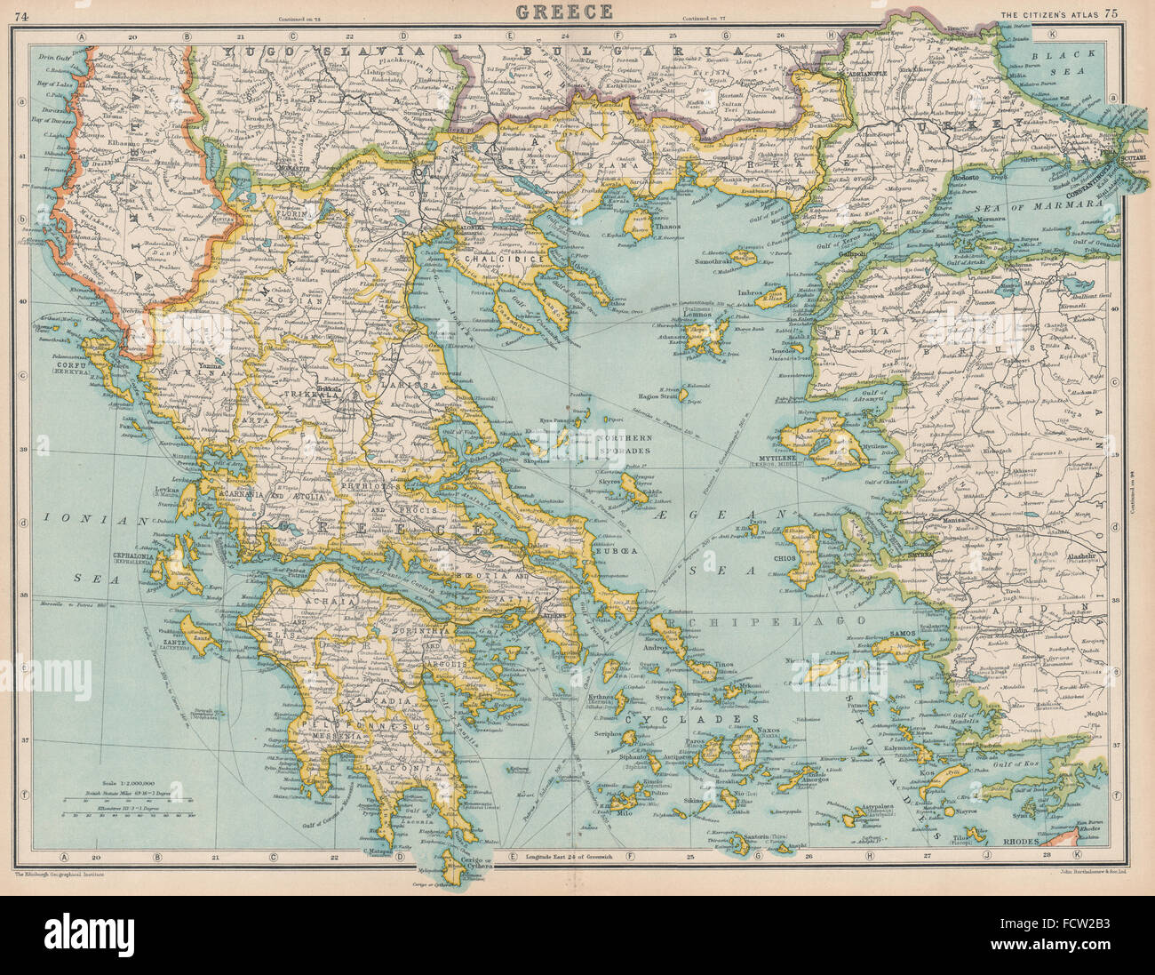 La Grecia e le isole del Mar Egeo. Bartolomeo, 1924 Vintage map Foto Stock