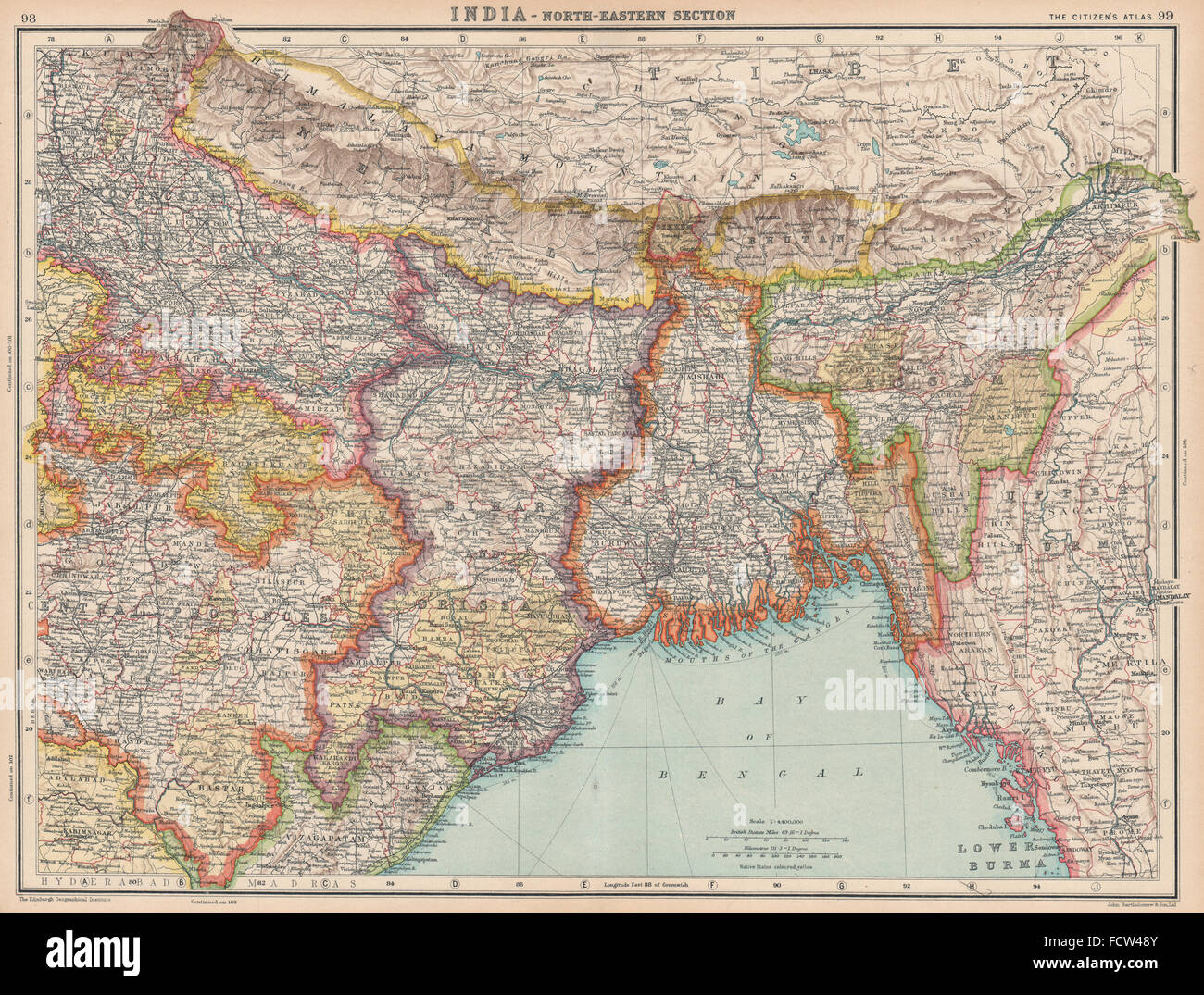 INDIA nord-est del Nepal e Bhutan: Bihar Bengala Orissa Assam Sikkim, 1924 Mappa Foto Stock