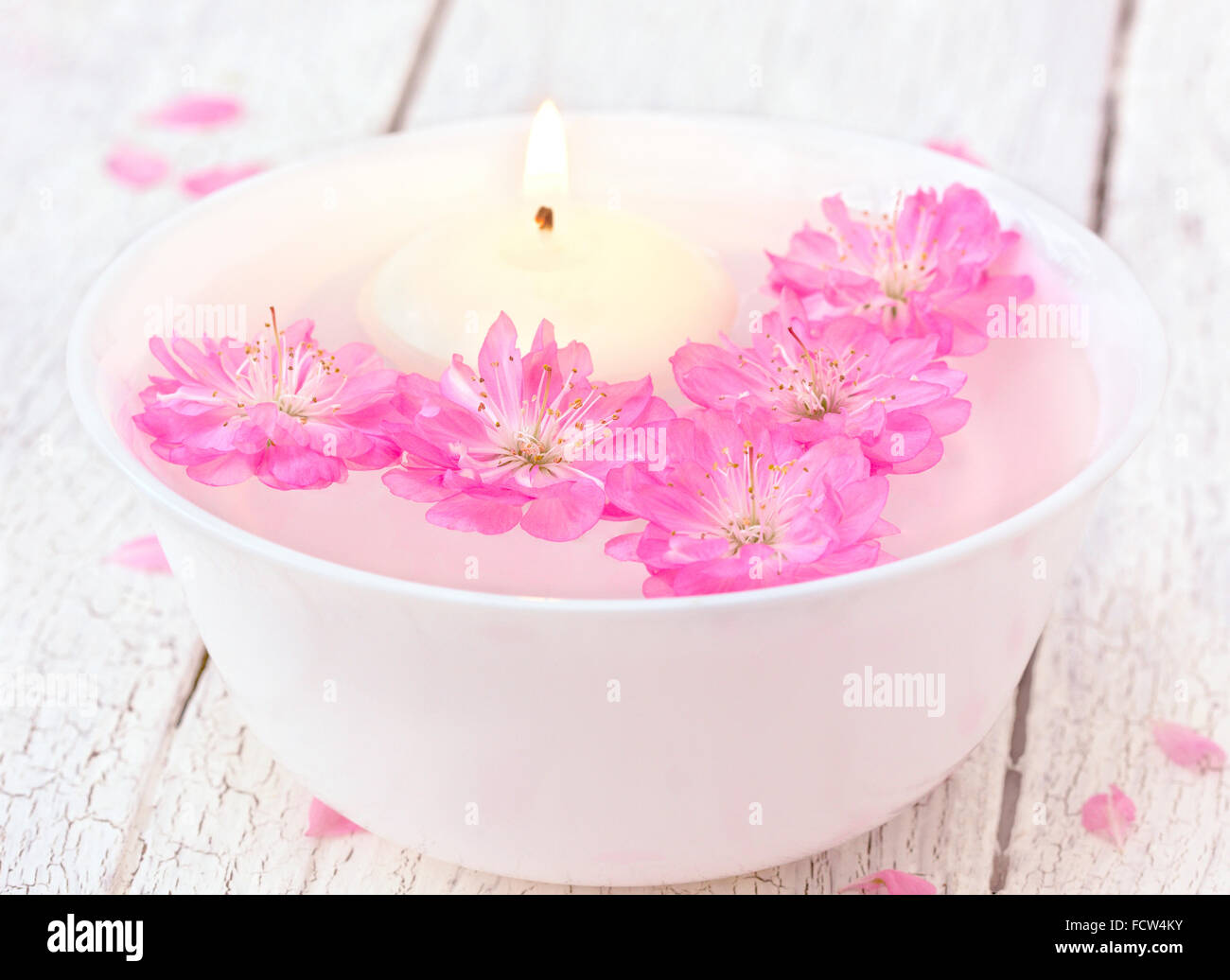 Sakura fiori e candela in una ciotola bianco su bianco sullo sfondo di legno Foto Stock