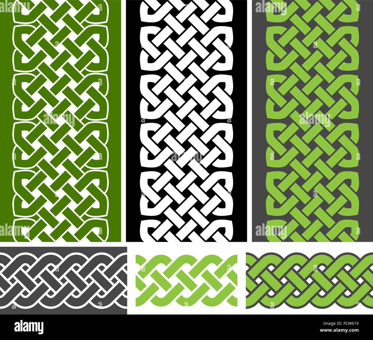 3 stile celtico annodato frontiere senza giunture e 3 treccia di frontiera senza giunture varianti, illustrazione vettoriale (verde, bianco, grigio a colori) Illustrazione Vettoriale