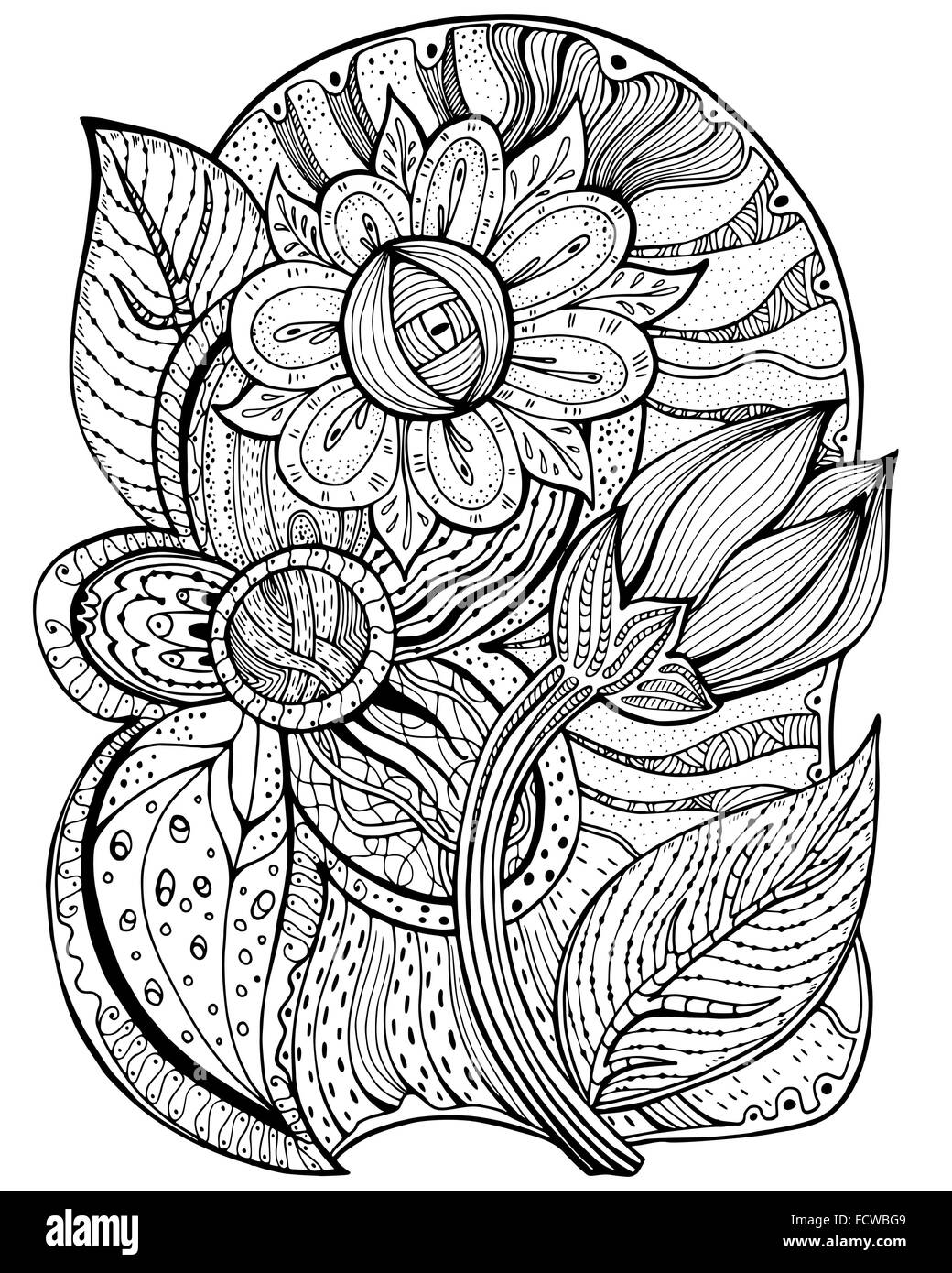 Modello di vettore per il libro da colorare. Etnico design rétro in stile zentangle con elementi floreali,Black line art su sfondo bianco Illustrazione Vettoriale