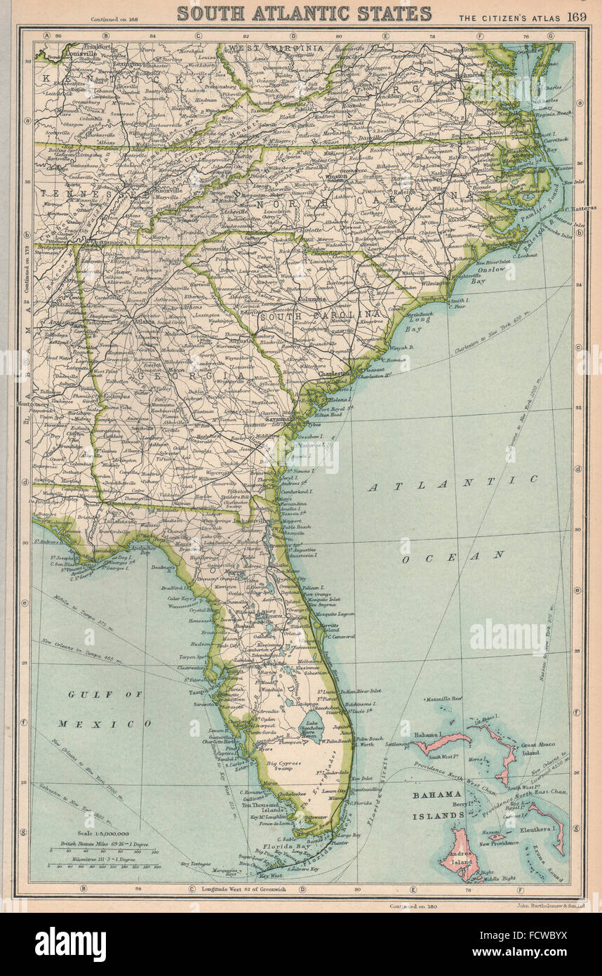 SOUTHEASTERN USA: Florida Georgia a Nord e Sud Carolina. Bartolomeo, 1924 Mappa Foto Stock