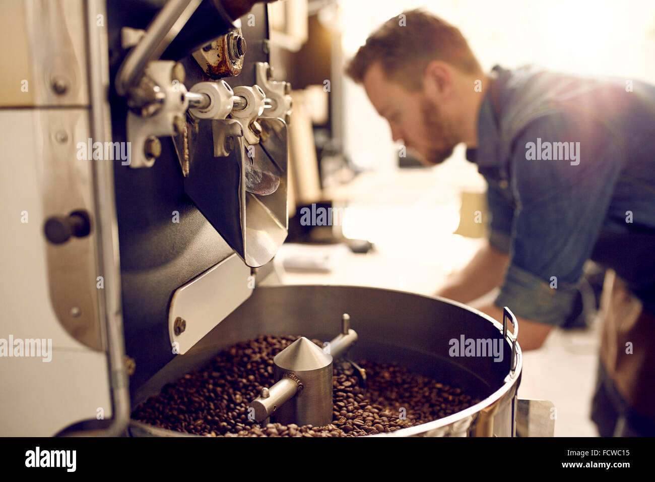 Appena il caffè torrefatto in grani in una moderna macchina Foto Stock