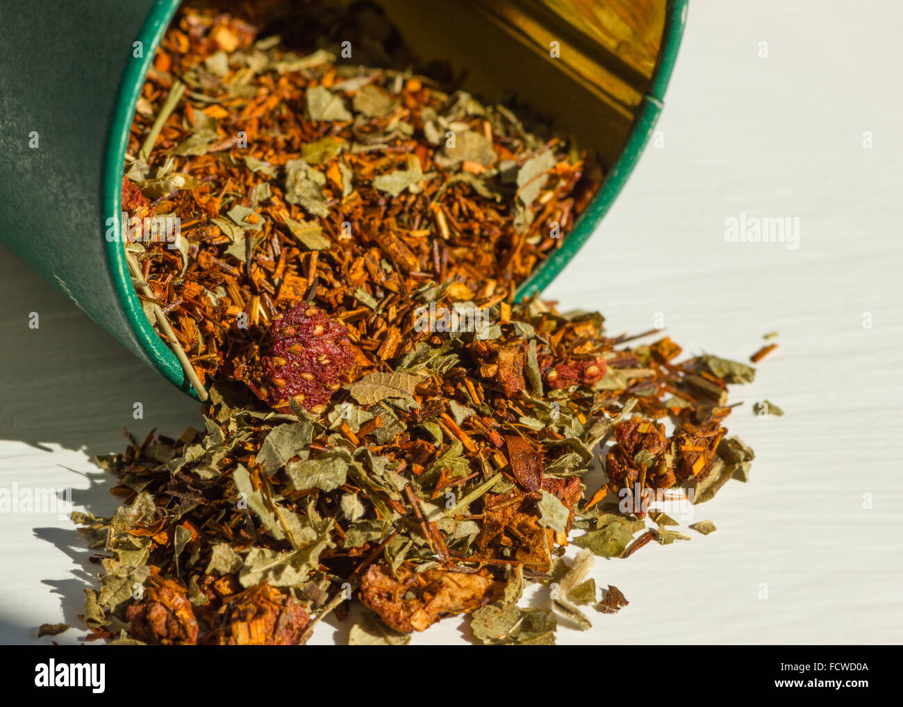 Primo piano di rooibos tè aromatizzati con pezzi di fragole essiccate Foto Stock