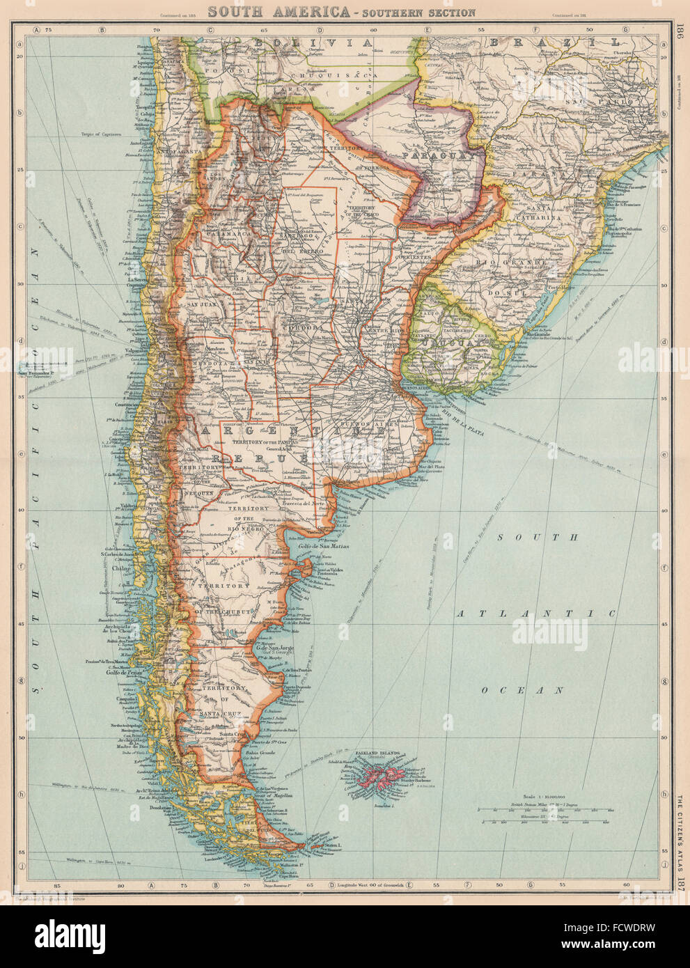 ARGENTINA: + Paraguay Uruguay e sud del Cile. Bartolomeo, 1924 Vintage map Foto Stock