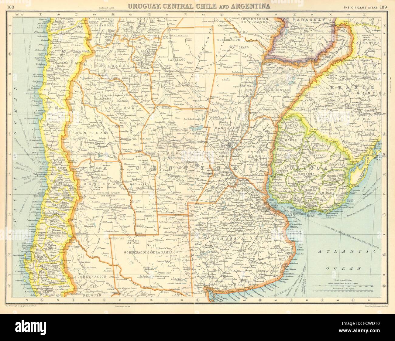 Sud America: Uruguay, centro di Cile e Argentina. Bartolomeo, 1924 mappa vecchia Foto Stock
