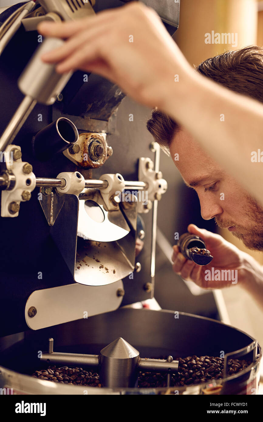 Uomo alla guida di un moderno impianto di torrefazione di caffè e macchina annusare il Foto Stock