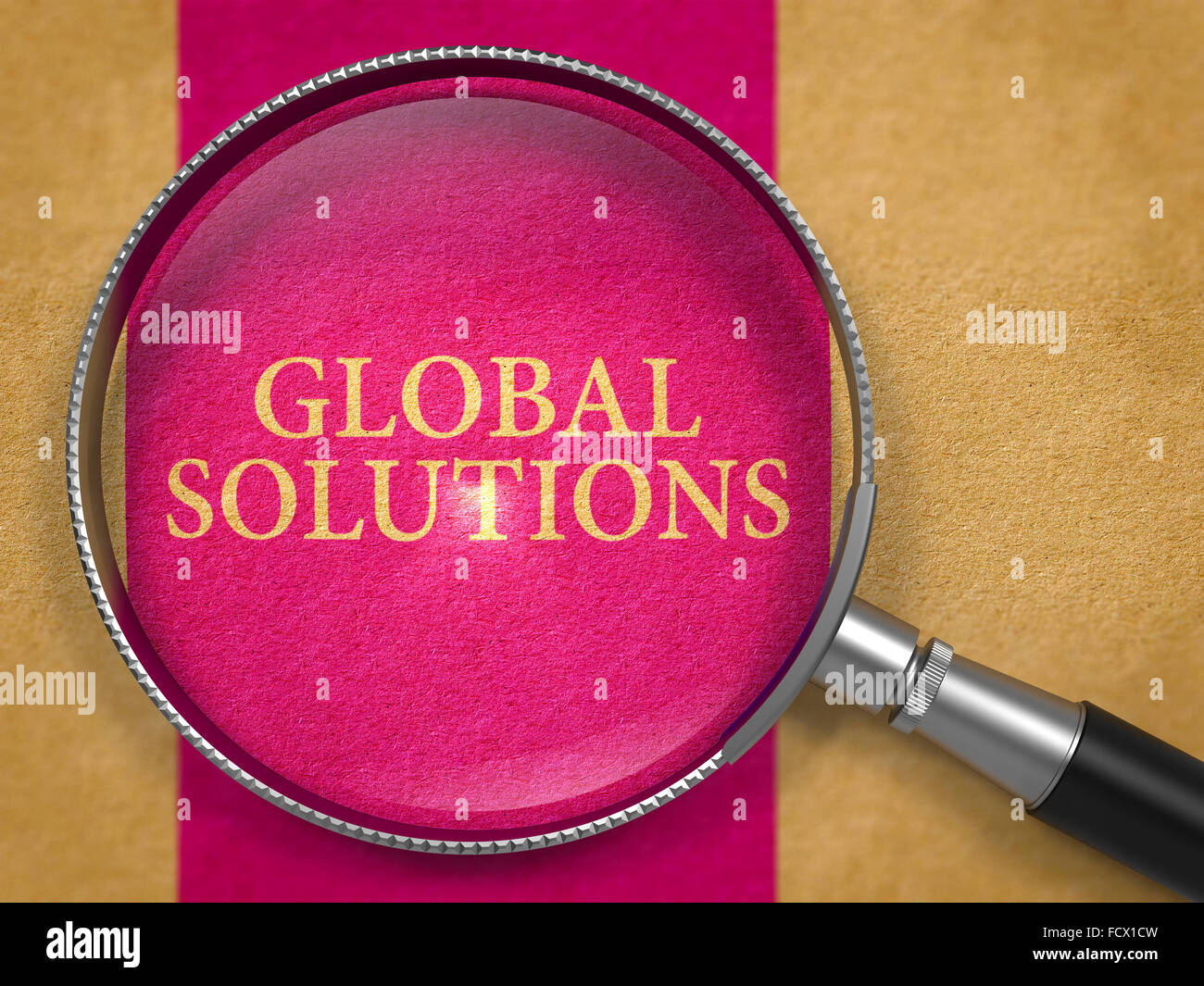 Soluzioni globali attraverso la lente sulla vecchia carta di Lilla linea verticale sullo sfondo. Foto Stock