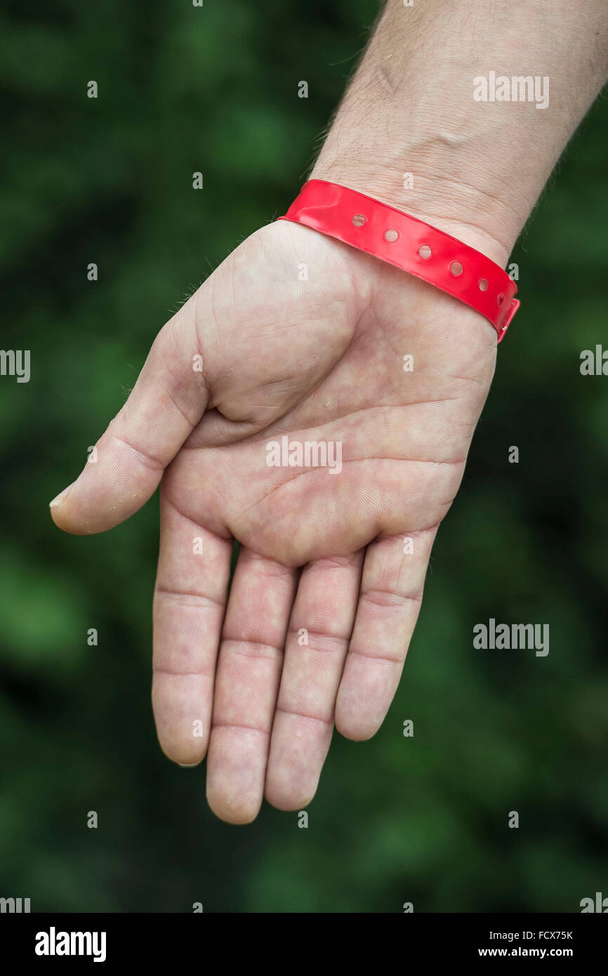 I richiedenti asilo a casa Lynx a Cardiff, nel Galles del Sud, sono state fatte da indossare red bracciali in ordine alla rivendicazione del cibo. Foto Stock