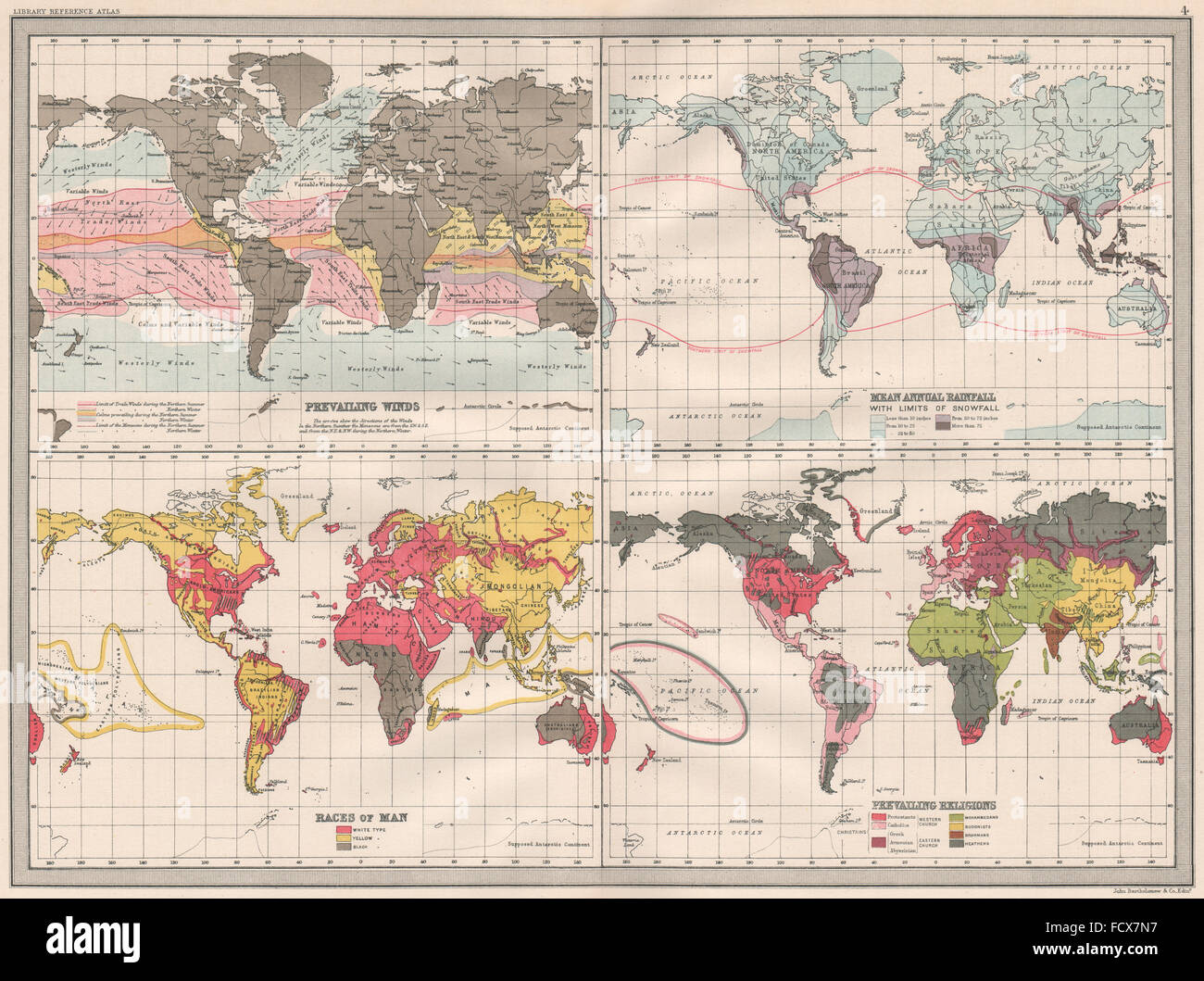 Mondo: venti prevalenti piogge cadute di neve Limite razze religioni, 1890 mappa vecchia Foto Stock