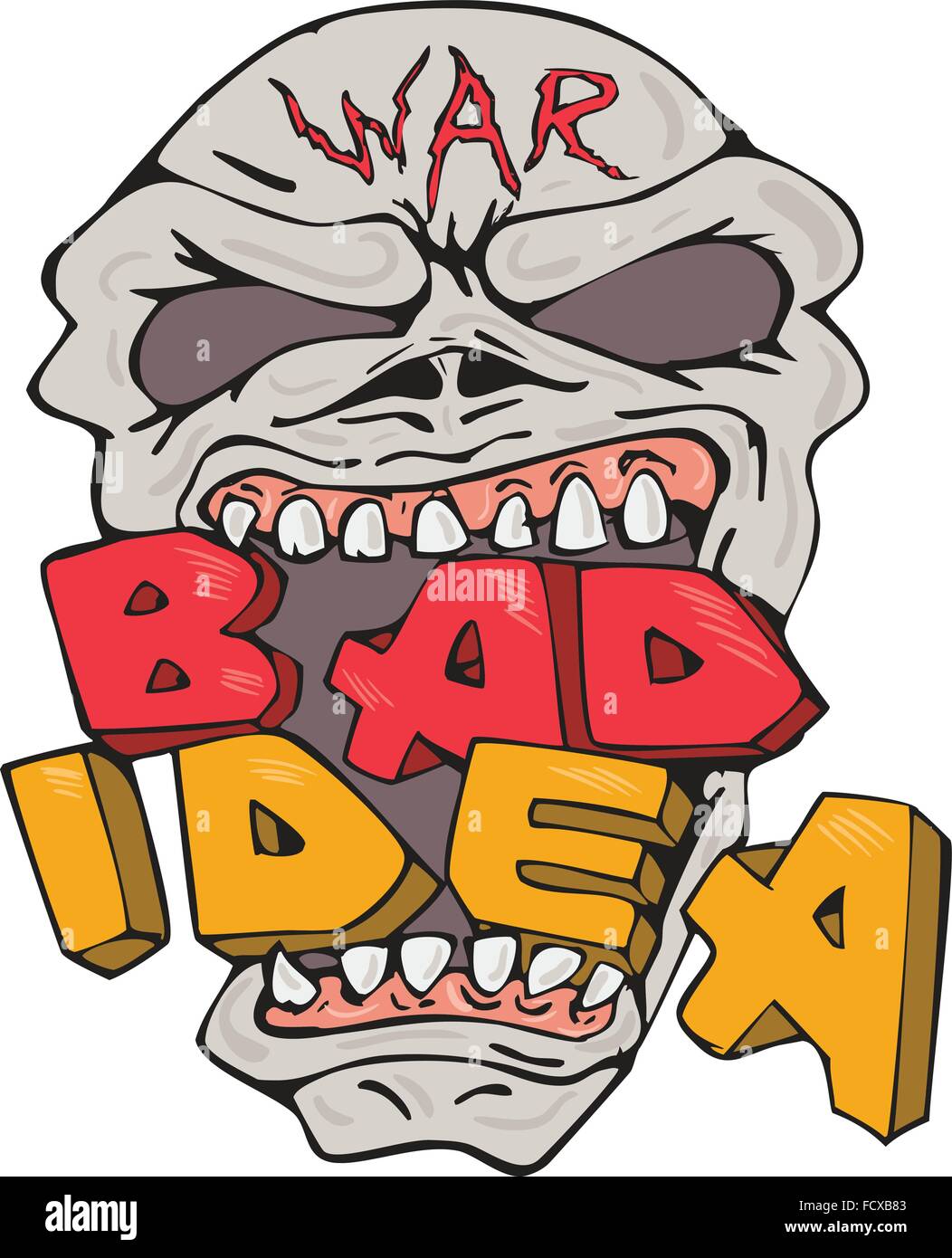 Illustrazione di un male la guerra cranio mangiare mordere le parole 'guerra cattiva idea' isolato su sfondo bianco fatto in stile cartoon. Illustrazione Vettoriale
