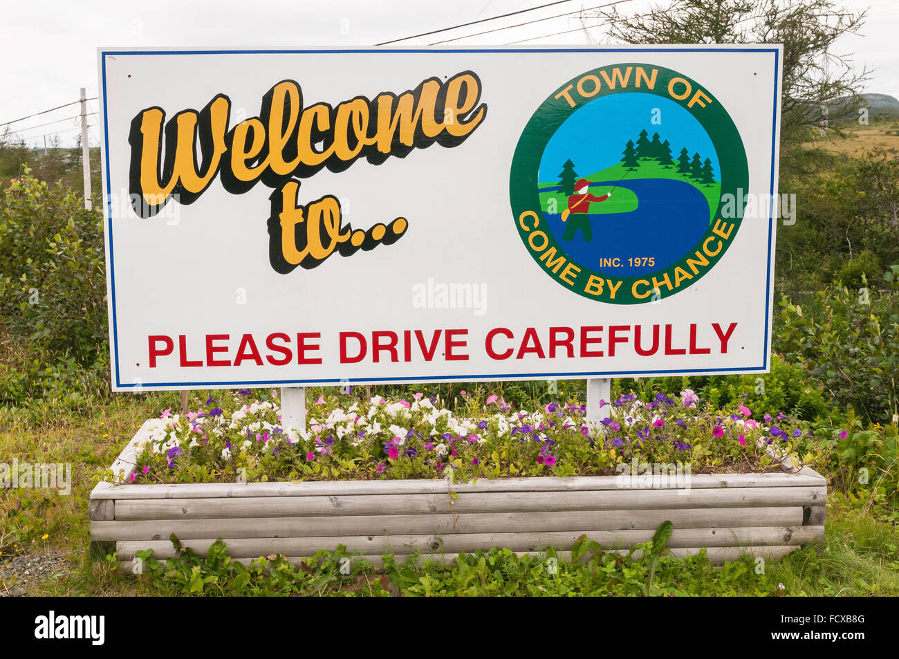 Benvenuti a venire dalla possibilità, città segno, provengono dalla possibilità, Terranova, Canada Foto Stock