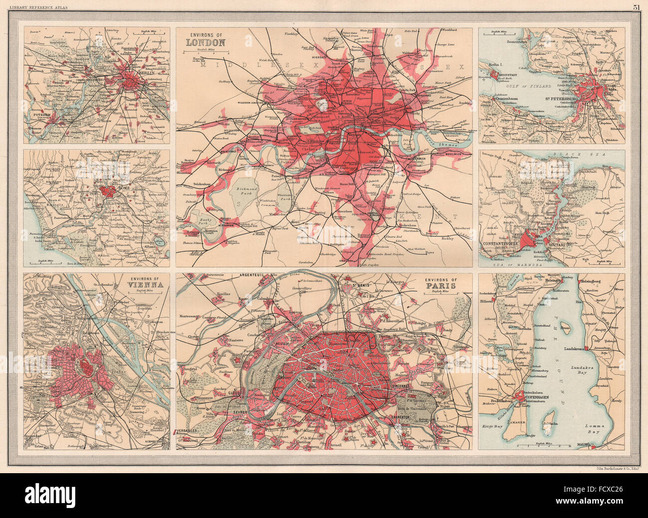 Città Europee:Londra Parigi Berlino Vienna Roma San Pietroburgo Istanbul, 1890 Mappa Foto Stock