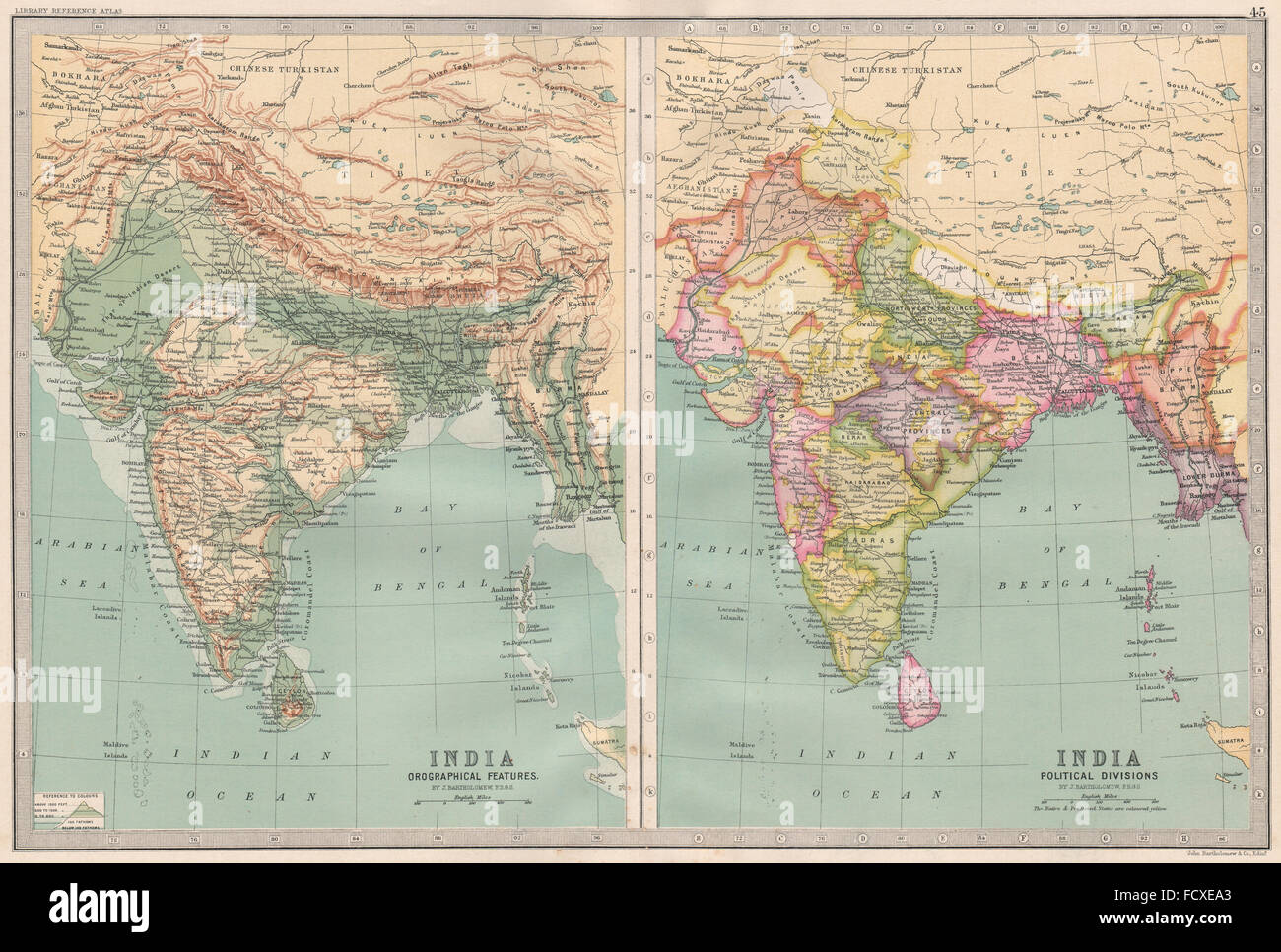 INDIA BRITANNICA: rilievo & divisioni politiche. Bartolomeo, 1890 Mappa antichi Foto Stock