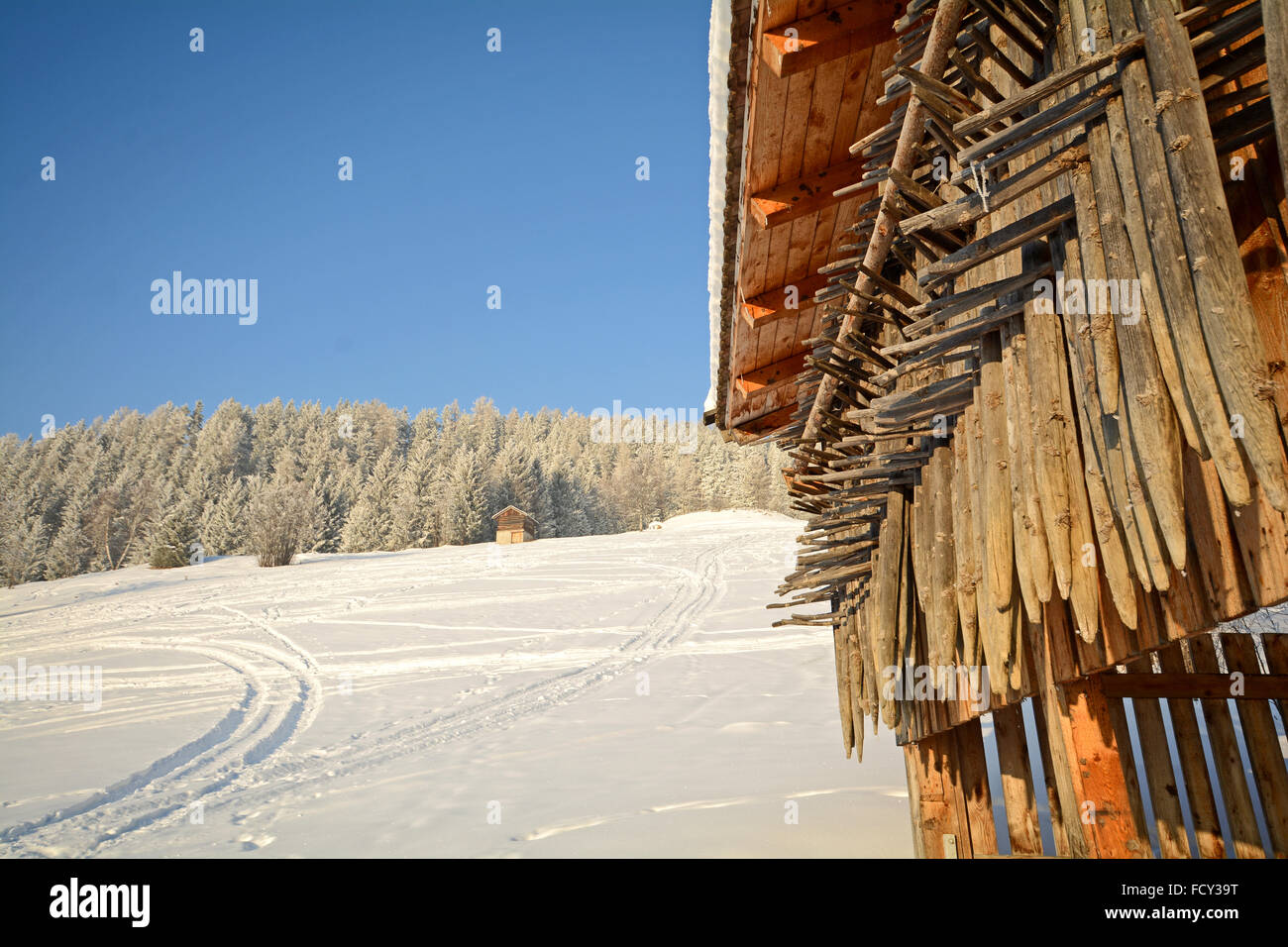 Paesaggio invernale con fienile in legno, Pitztal Alpi - Tirolo Austria Foto Stock