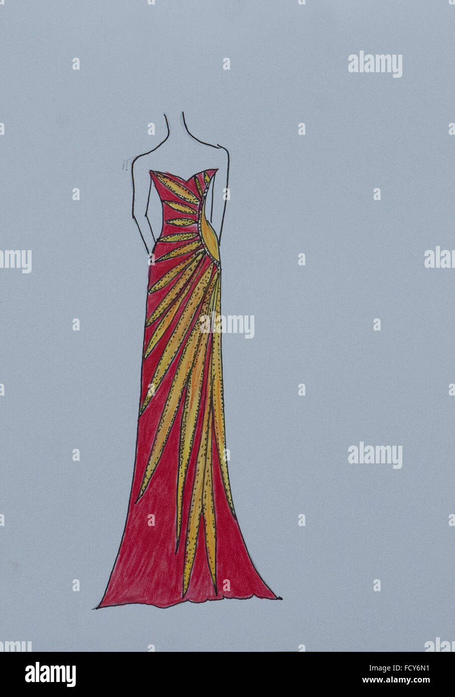 Handmade Fashion sketch, moda Disegna un elegante abito da sera, vestaglia  in rosso con disegno astratto Foto stock - Alamy