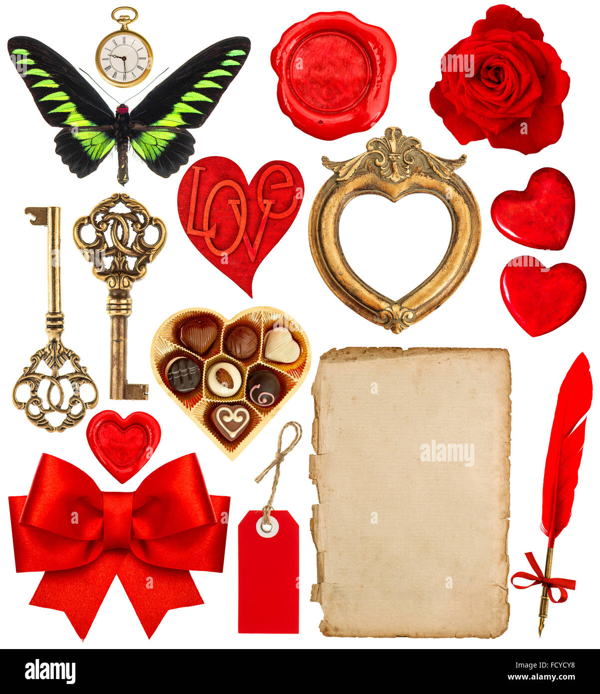 Collezione di oggetti per il giorno di San Valentino scrapbook. Carta con penna, cuori rossi, cornice dorata, antico orologio, chiave, giù penna, f Foto Stock