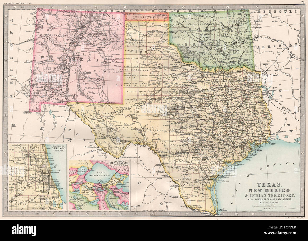 Stati Uniti d'AMERICA SUD:Texas New Mexico il territorio indiano & 'Public land'.Bartolomeo 1890 mappa Foto Stock