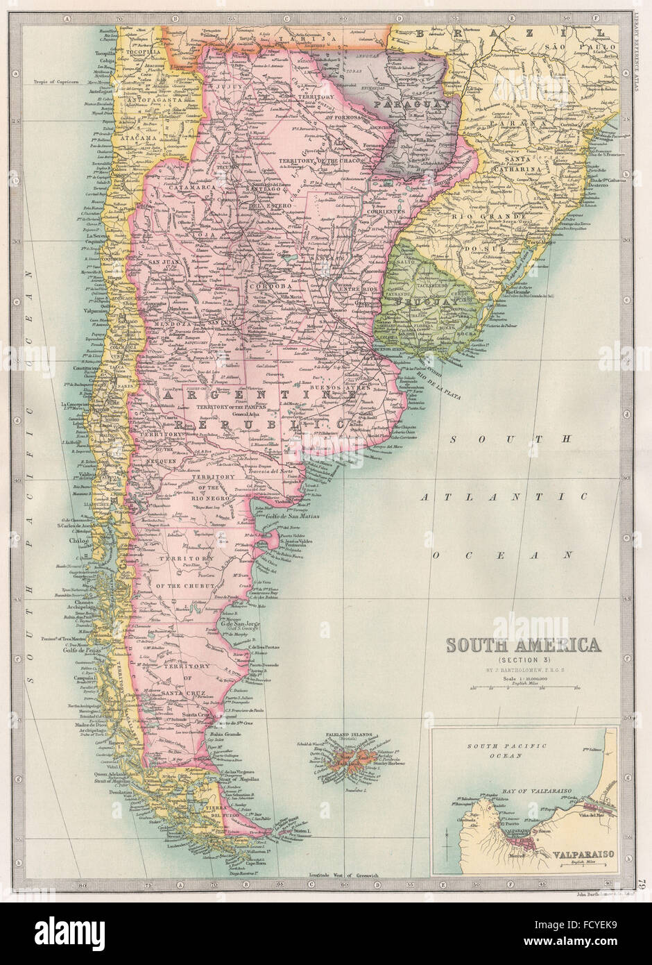 Capo Horn: Argentina Chile Paraguay e Uruguay. Bartolomeo, 1890 Mappa antichi Foto Stock