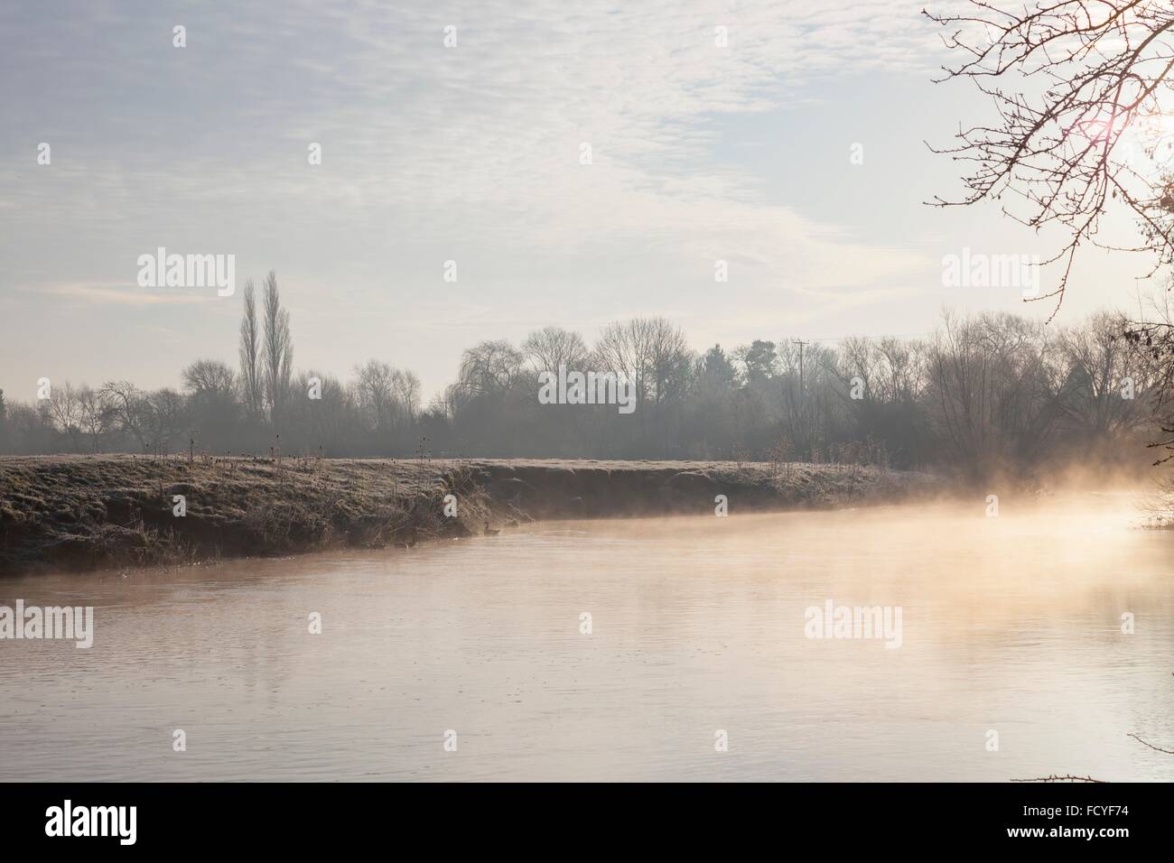 La nebbia che sorge su una fredda mattina presso il fiume Avon vicino a Stratford upon Avon, Warwickshire, Inghilterra. Foto Stock