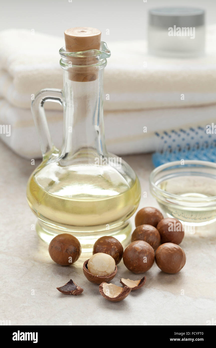 Bottiglia con cosmetici olio di macadamia e dadi Foto Stock