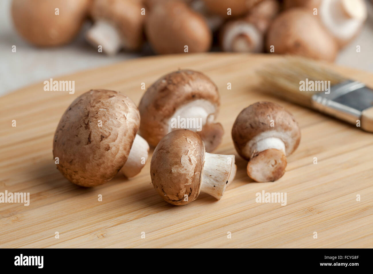 Fresco di funghi castagne sul bordo di taglio Foto Stock