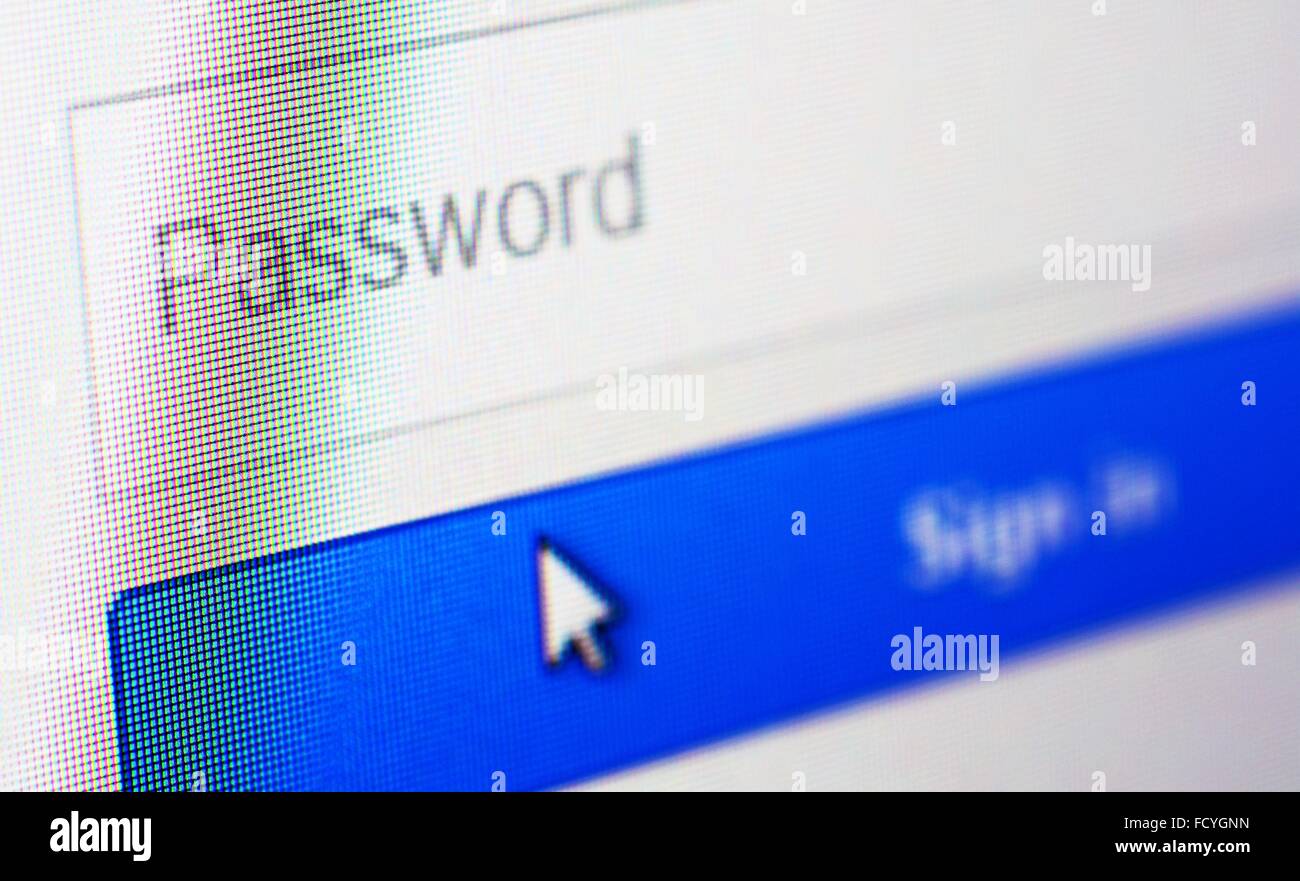 Una password vuota forma e la freccia del cursore alla schermata di login sul sito web. Foto Stock