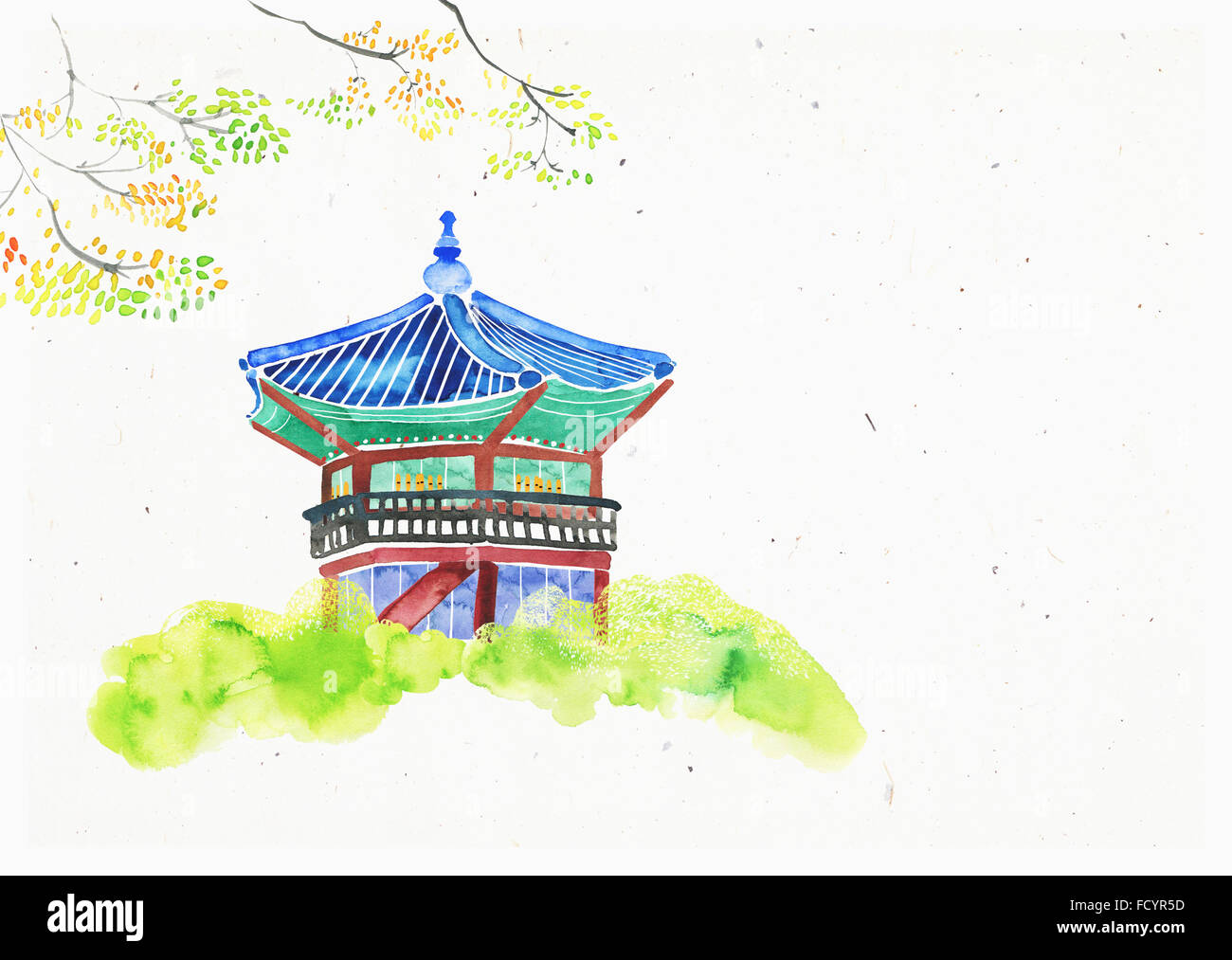 Tradizionale Padiglione coreano nella foresta, acquerello Foto Stock