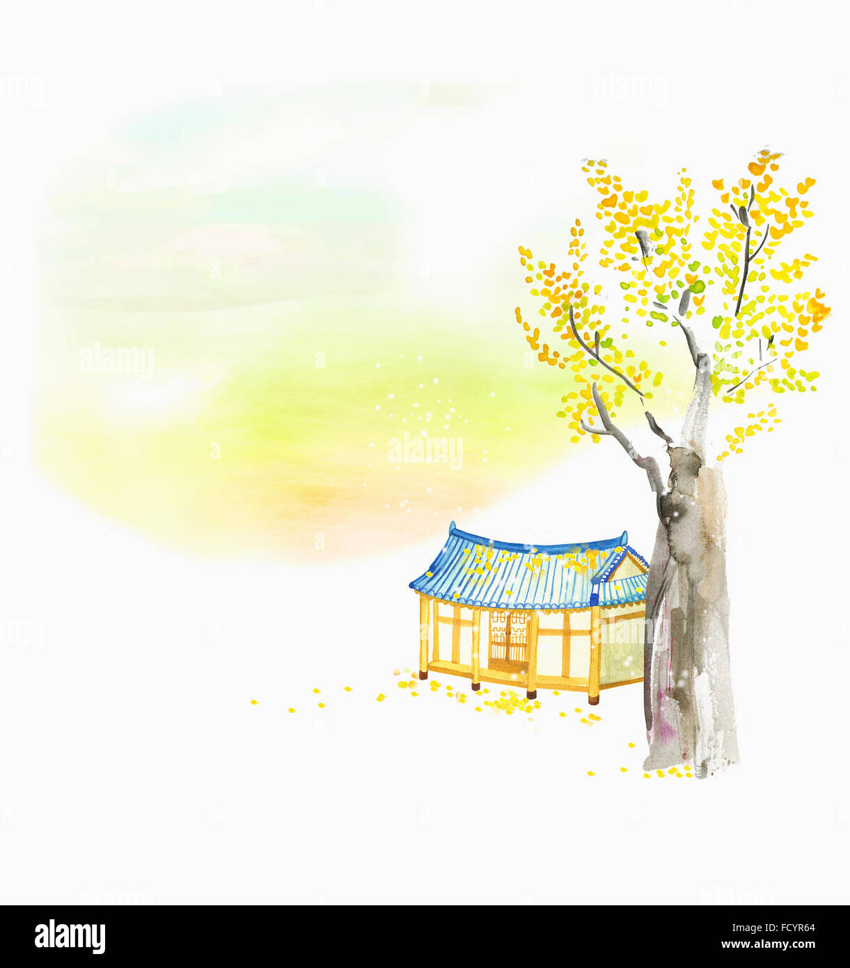 Casa Coreana tradizionale con autumn tree, acquerello Foto Stock