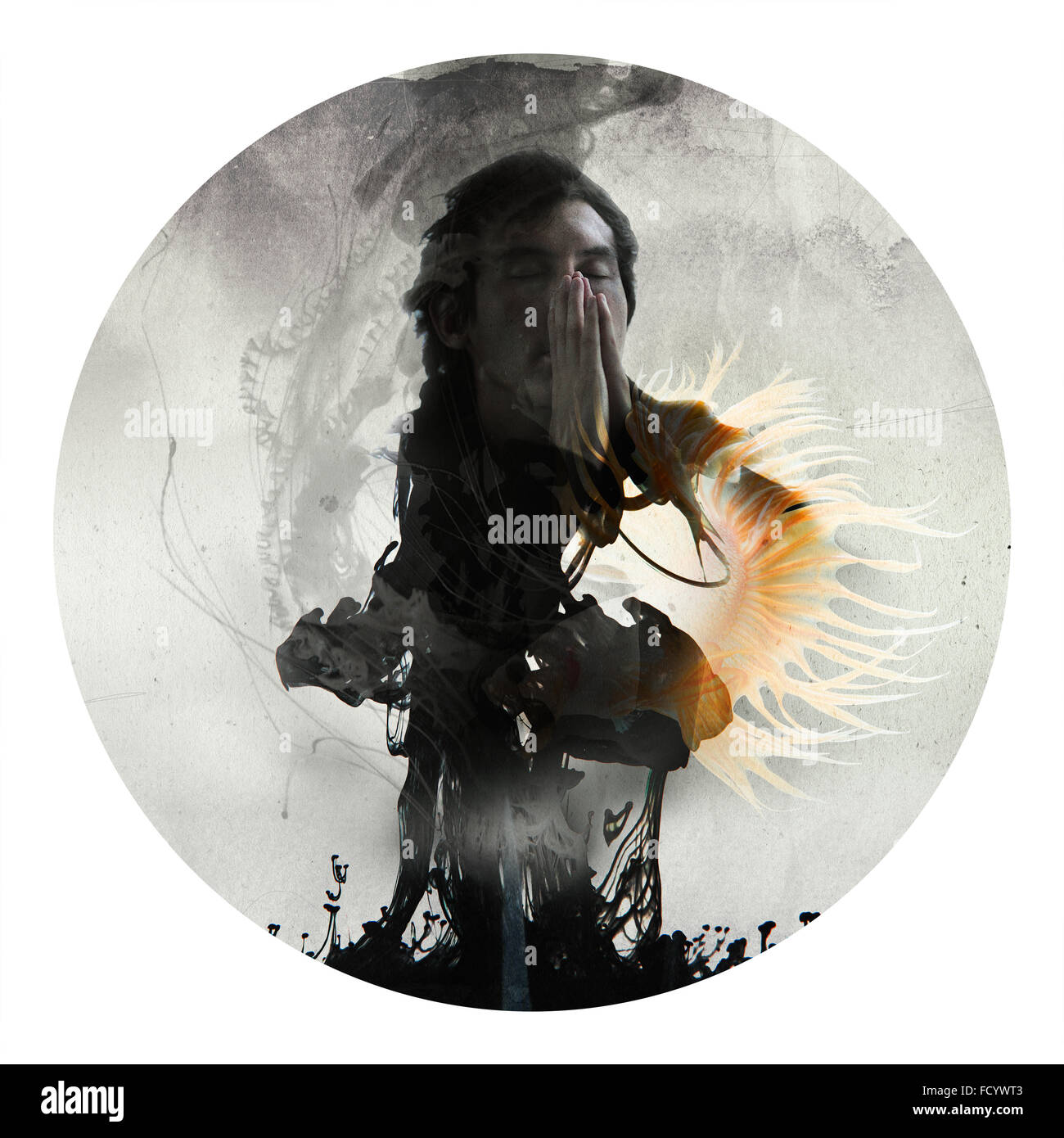 Ocean fairytyale concetto - mitico sea prince, illustrazione artistica, composizione del cerchio Foto Stock