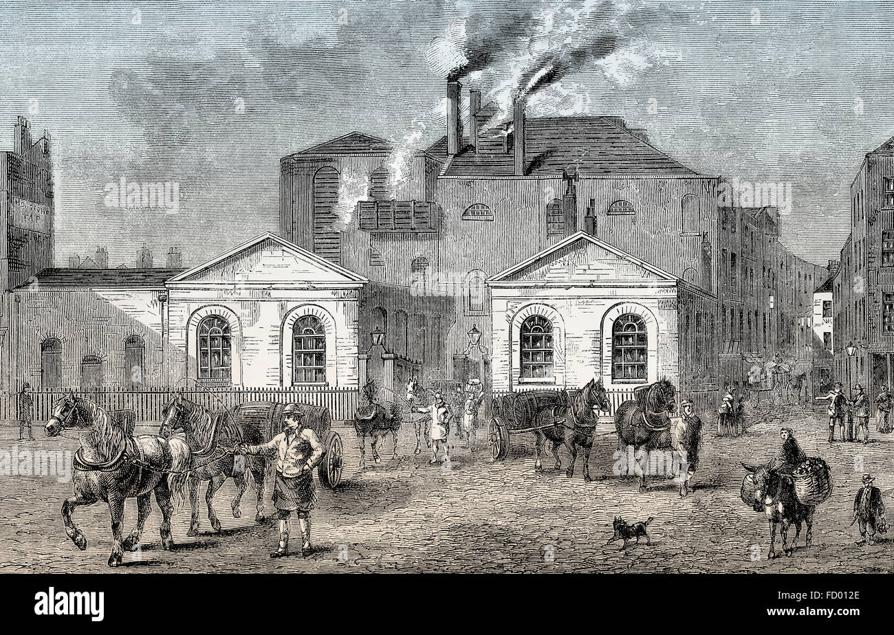 London street scene, Meux del cavallo della calzatura birreria, Tottenham Court Road nel 1830, una birreria inglese nel centro di Londra, Inghilterra Foto Stock