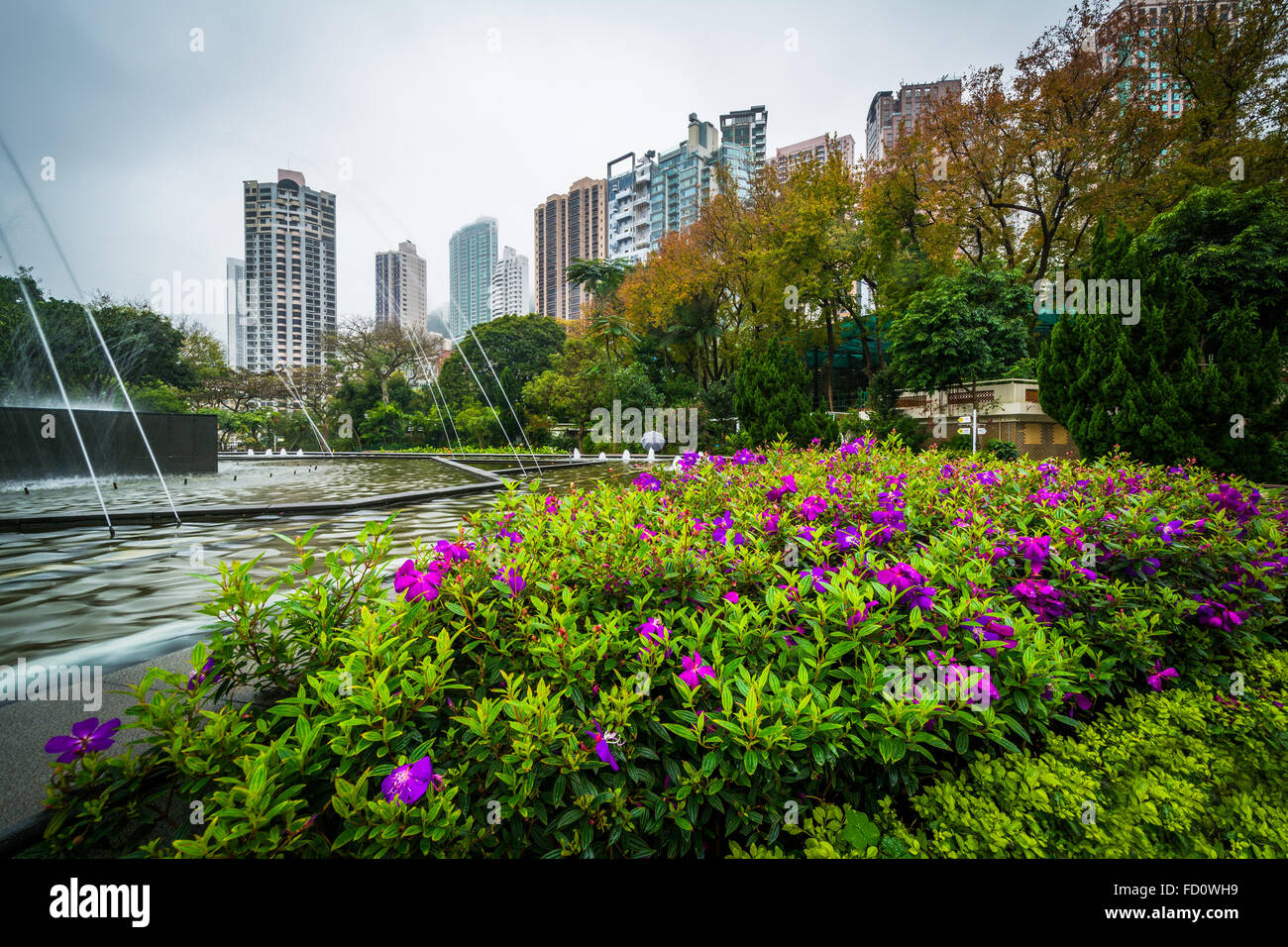 Fiori e Fontana a Hong Kong, giardini zoologici e orti botanici, a Hong Kong, Hong Kong. Foto Stock