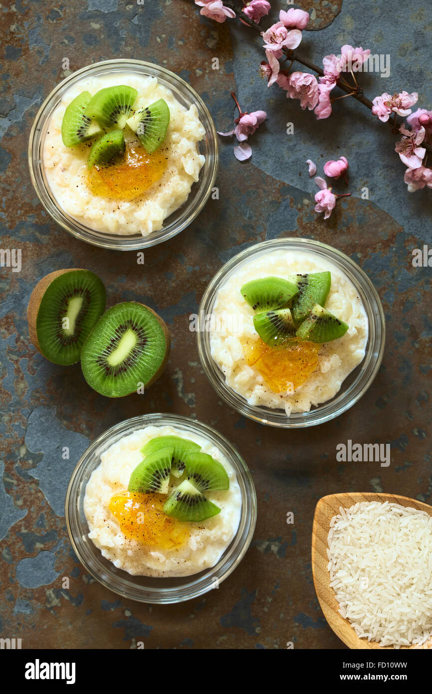 Budino di riso con pezzi di kiwi, marmellata di arancio e cannella in piccole ciotole in vetro, fotografato overhead su ardesia con luce naturale Foto Stock