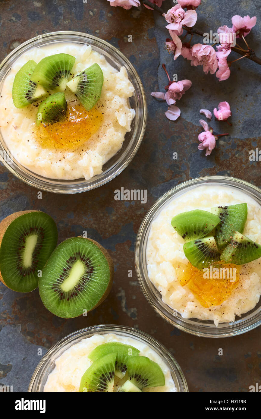 Budino di riso con pezzi di kiwi, marmellata di arancio e cannella in piccole ciotole in vetro, fotografato overhead su ardesia con luce naturale Foto Stock